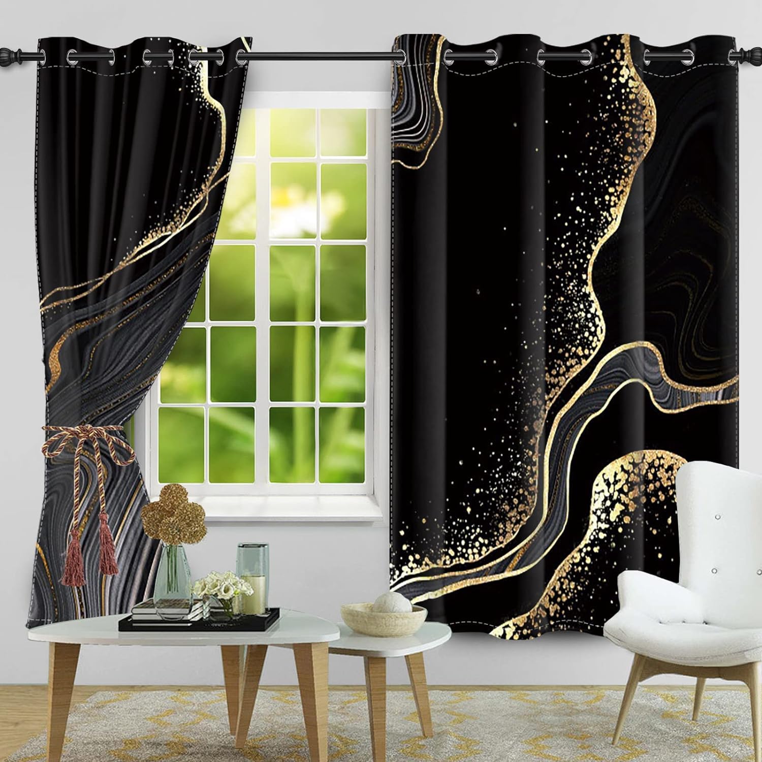 Bovlleetd Nero e Oro Marmo Finestra Tende per Camera da Letto Arte Moderna Termico Isolato Lusso Soggiorno Tenda Decorativa 117x183cm (Larghezza x Lunghezza) Set 2 pannelli