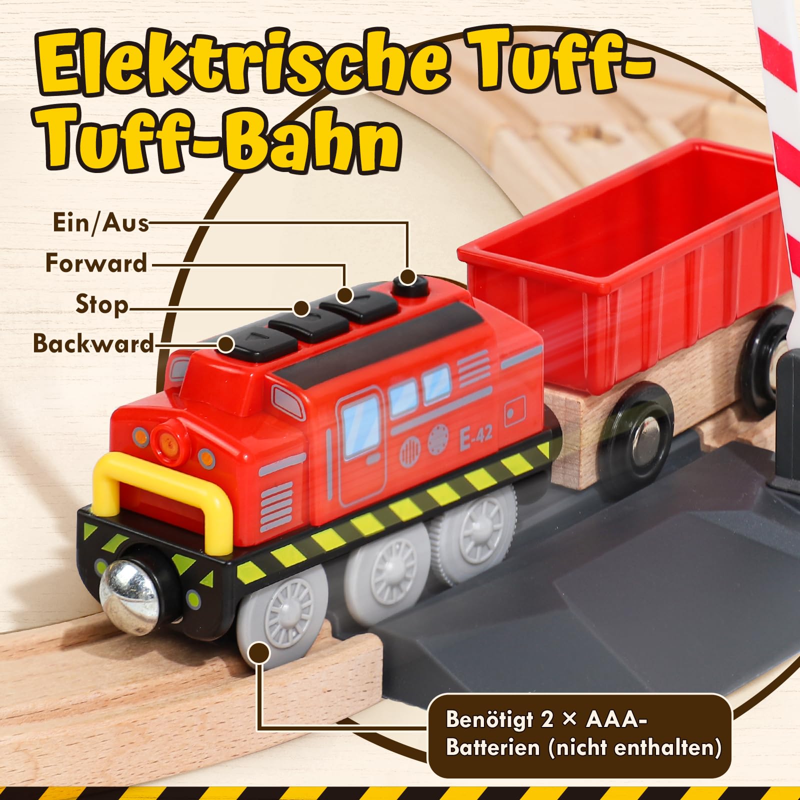 Lehoo Castle Holzeisenbahn, Elektrische Lok und Kran, Kinder ab 3 Jahre | 68 Teile, Elektrischer Zug, 360 Grad Magnetkran, Kompatibel mit Holzschienen, Baustellenfahrzeuge, Geschenk ab 3 Jahre