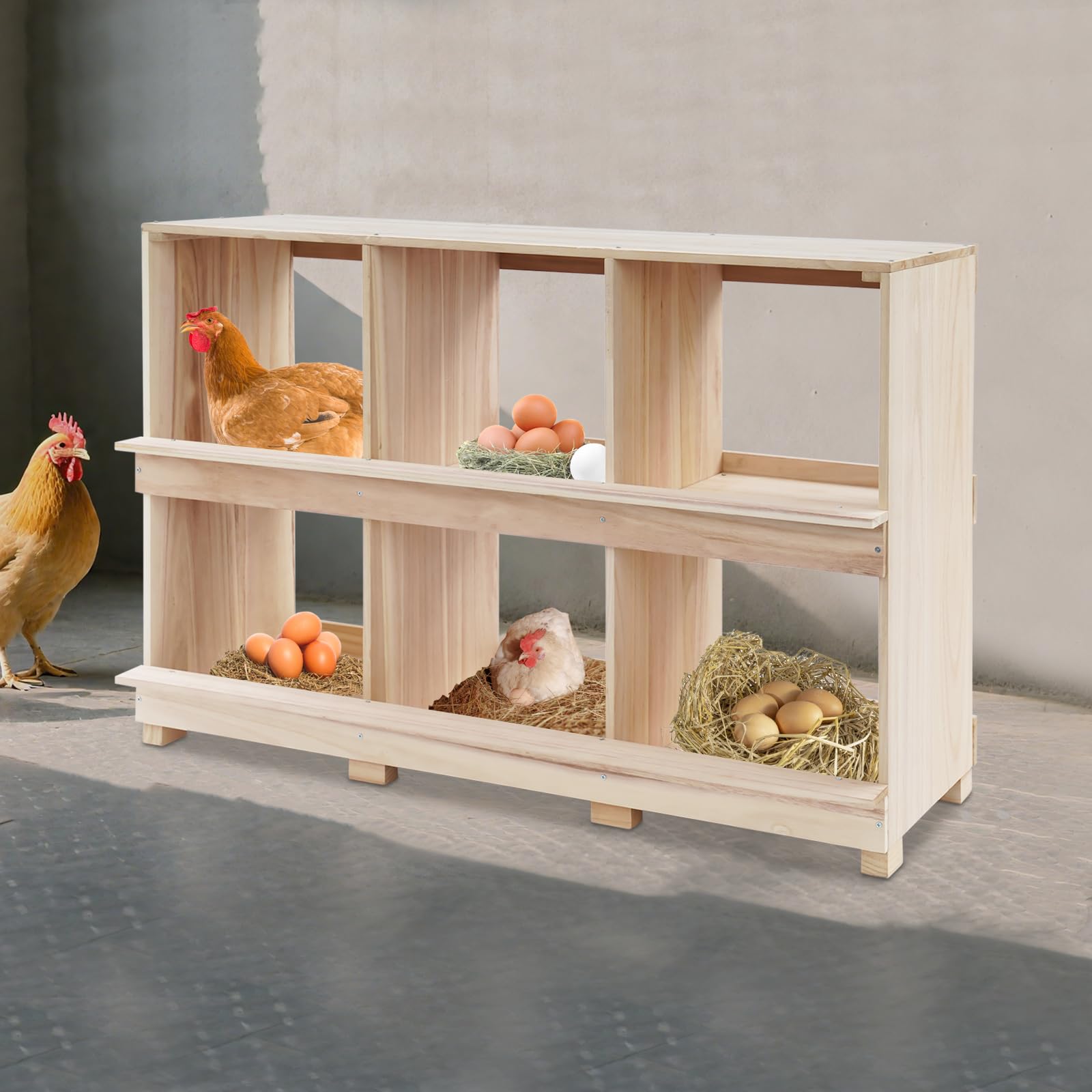 Legenester HüHner Legenest HüHnernest Abrollnest legenester Hühner-Nistkasten aus Holz, 6 Fächer, 96x37,2x66,3 cm, Naturholzfarbe, mit Sitzstange, für Legehennen