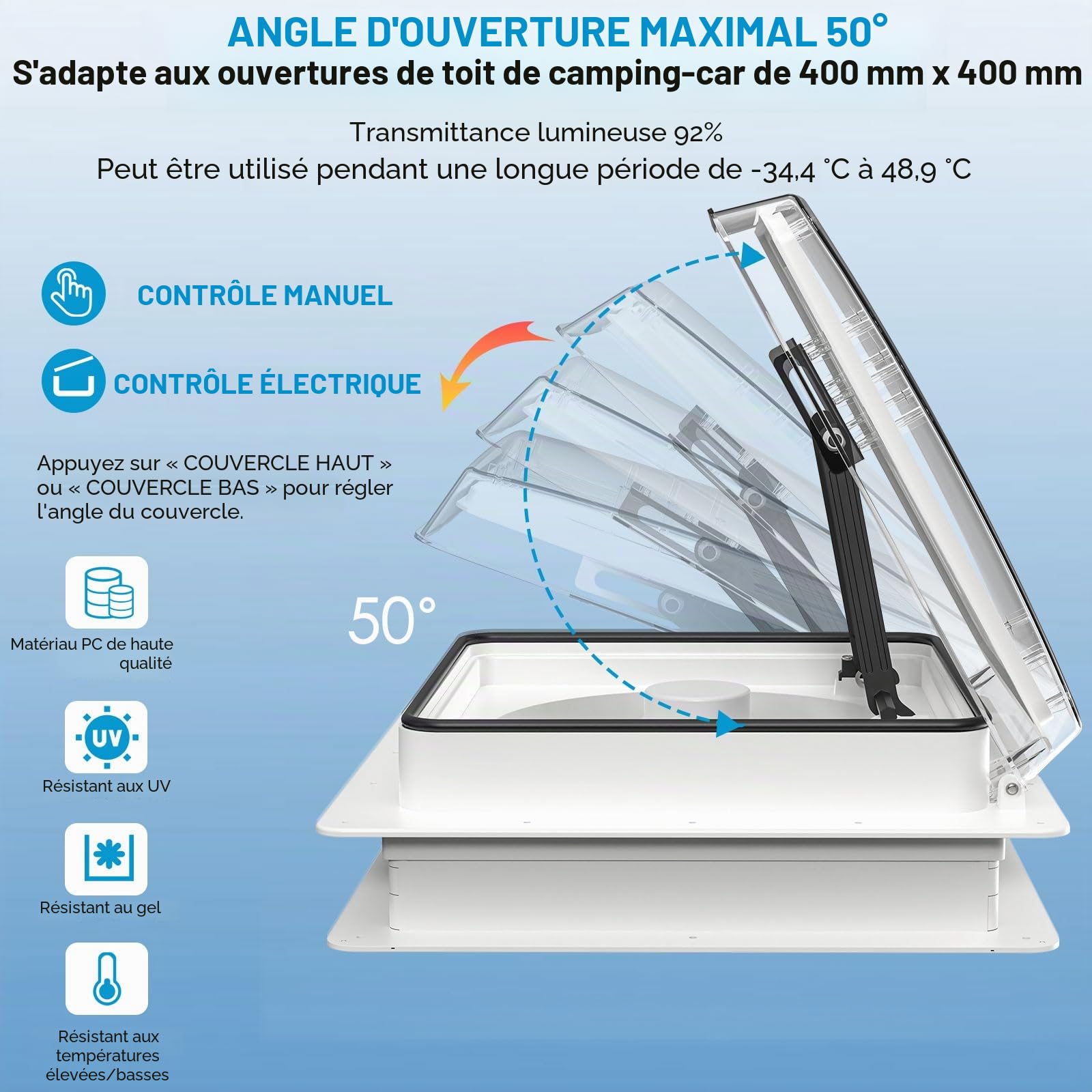 2012 Ventilateur de Toit 12V(24V Max) pour Camping-Car, Lanterneau 400 mm avec Télécommande, Flux d'Air Réversible, Ventilation Ultra Silencieuse, Couvercle Transparent Anti-UV