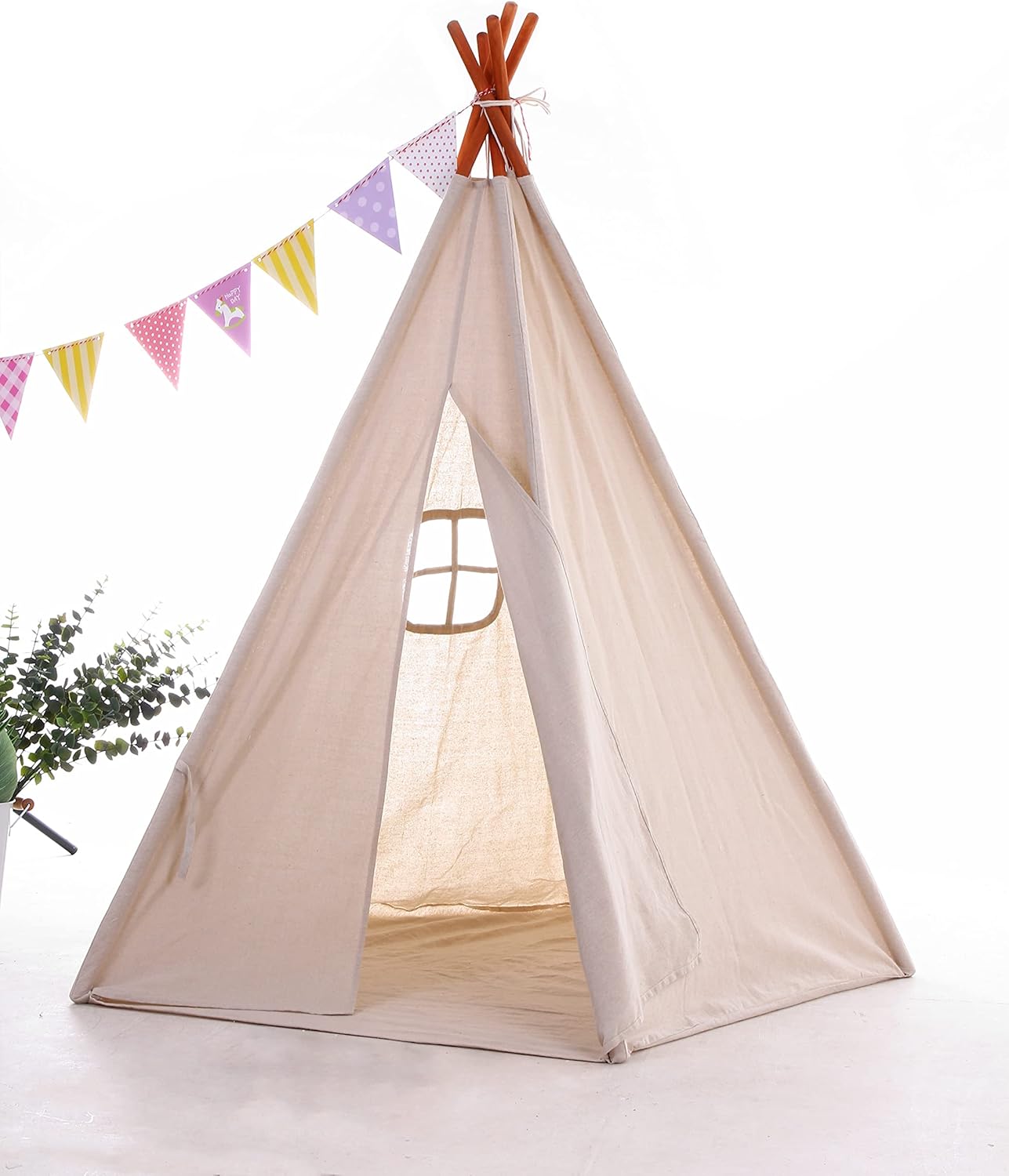 Miyaya Large Canvas Teepee Play Tent Indian Play Tent with Carry Case,5 Poles Design (Beige)