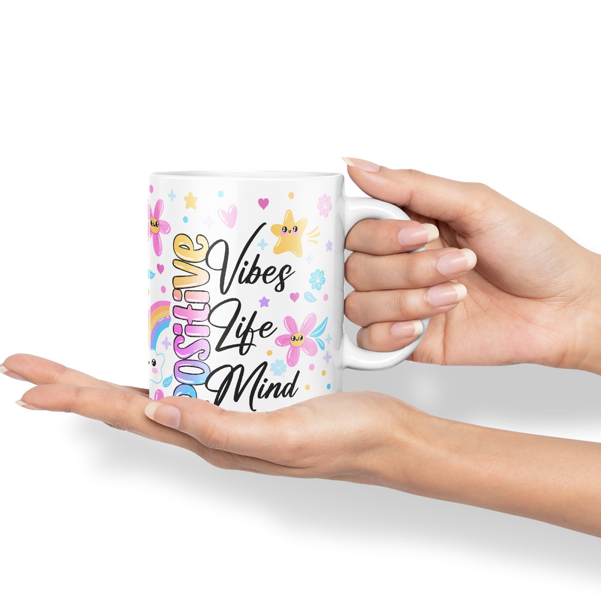 Positive Vibes Life Mind Presents Coloured Ceramic Mug Cup Gift 330ml 11oz Work Office Tea Coffee Gift (White) - Image 4