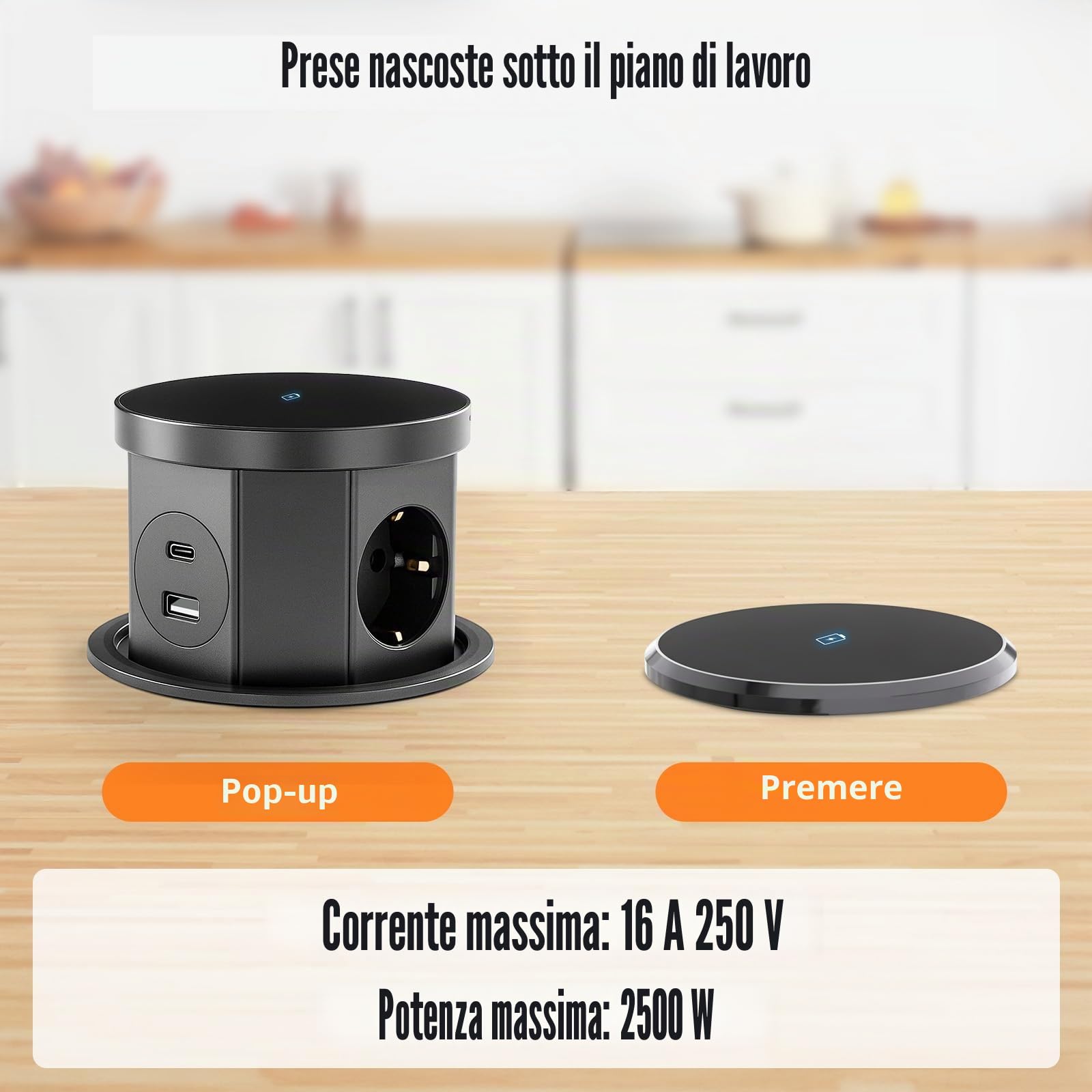 3 prese a scomparsa, con caricabatterie wireless da 15 W, 1 USB C, 1 USB-A, presa a scomparsa da cucina, cavo da 1,5 m, per ufficio, cucina, camera da letto, diametro 120 mm