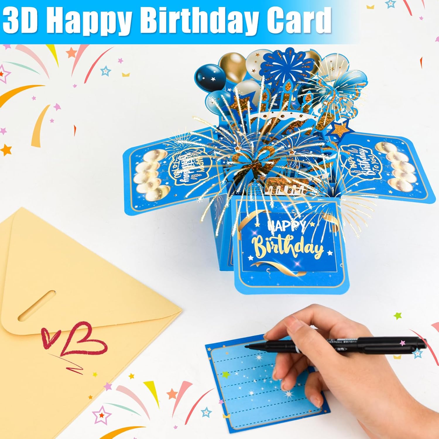Wanateber Surprise Pop Up Happy Birthday Cards, Lovely 3D Birthday Card for Adults and Kids with Envelopes, Unique Design Handmade Foldable Greeting Cards for Daughter, Son, Mom, Dad, Friend（Blue） - Image 3