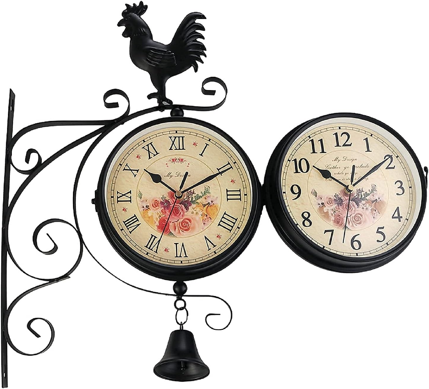 Outdoor Garden Double Sided Wall Clock, 360° Rotation Retro Metal Silent Station Clock Chickens, Battery Operated Decorative Antique Hanging Clock for Indoor and Outdoor