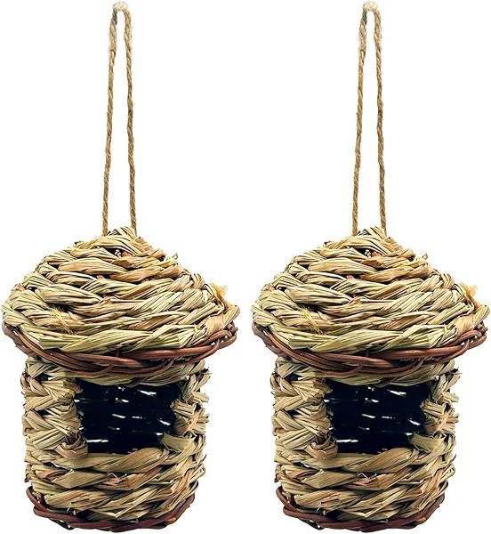 2PCS Hummingbird House, Hand Woven Bird Nest for Outdoors Hanging, Small Grass Bird Houses for Outside, Durable Sturdy Made of Natural Grass for Garden Patio Lawn Office Indoor