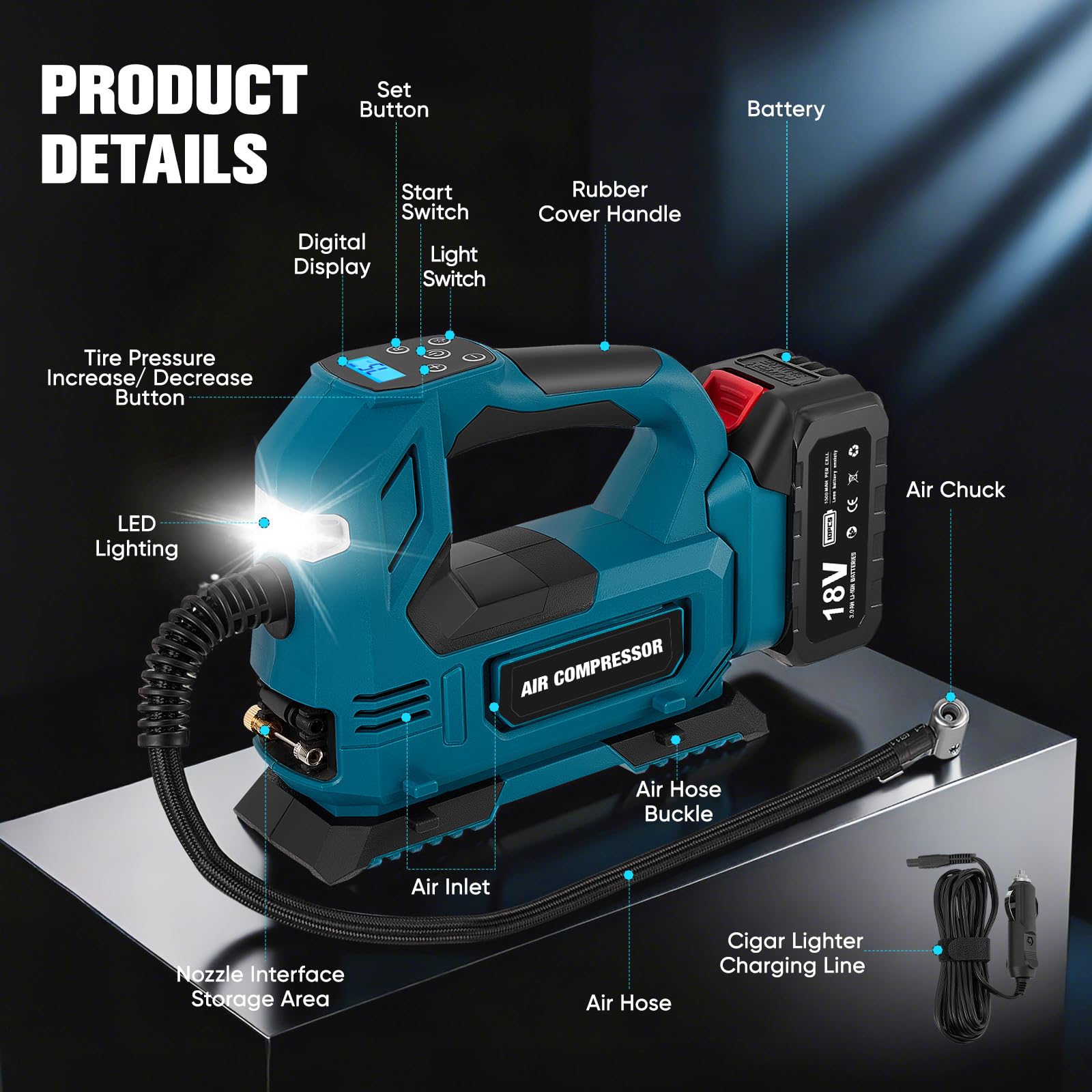 Compresor de aire digital de 150 PSI con luz LED de trabajo y función de parada automática, bomba de aire eléctrica para coche, moto, bicicleta y pelotas deportivas, incluye batería de 3,0 Ah y