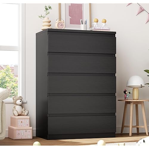 Black 5 Drawer Dresser for Bedroom, 15" D x 23.7" W x 40.4" H in Simply Chest of Drawers, Wood Storage Dresser with Drawers for Living Room Hallway Entryway, Black