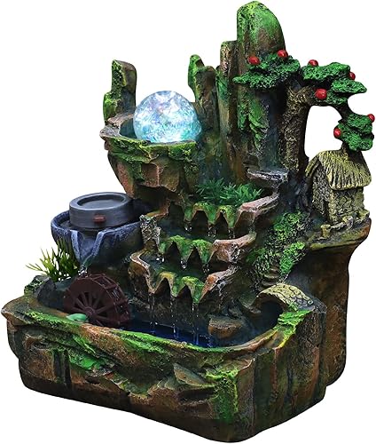 Vista 121 de Indoor Waterfall Fountain Tabletop Fountains with LED Lights,with Rolling Ball Atomizer,Lighted Illuminated Waterfall Indoor Small Rockery Desktop