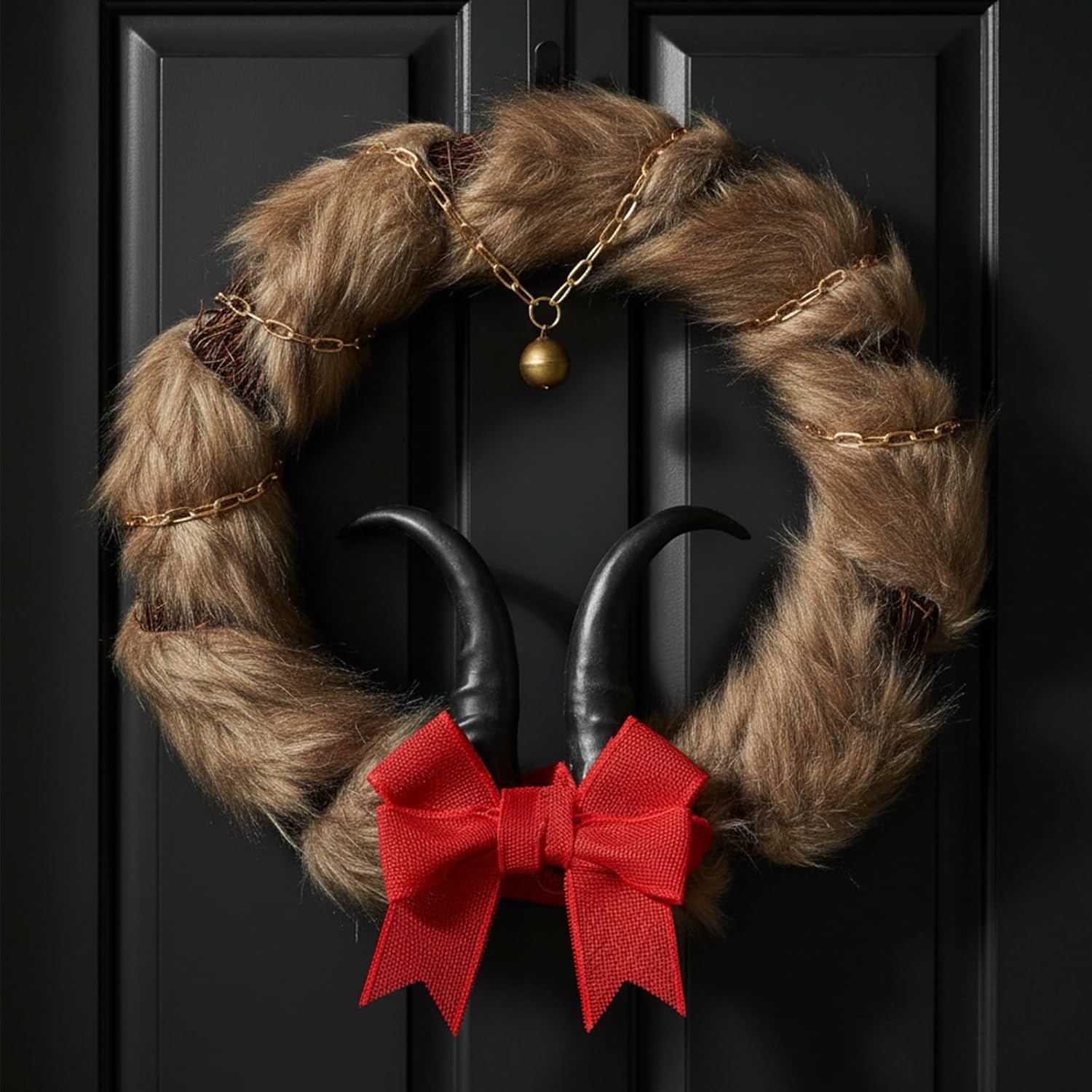 Yunlly 12 Inch Christmas Krampus Wreath Christmas Wreaths for Front Door Scary Horror Krampus Decorations with Horns Faux Fur Red Bow Bells Gothic Holiday Decor for Halloween Xmas Krampusnacht Party