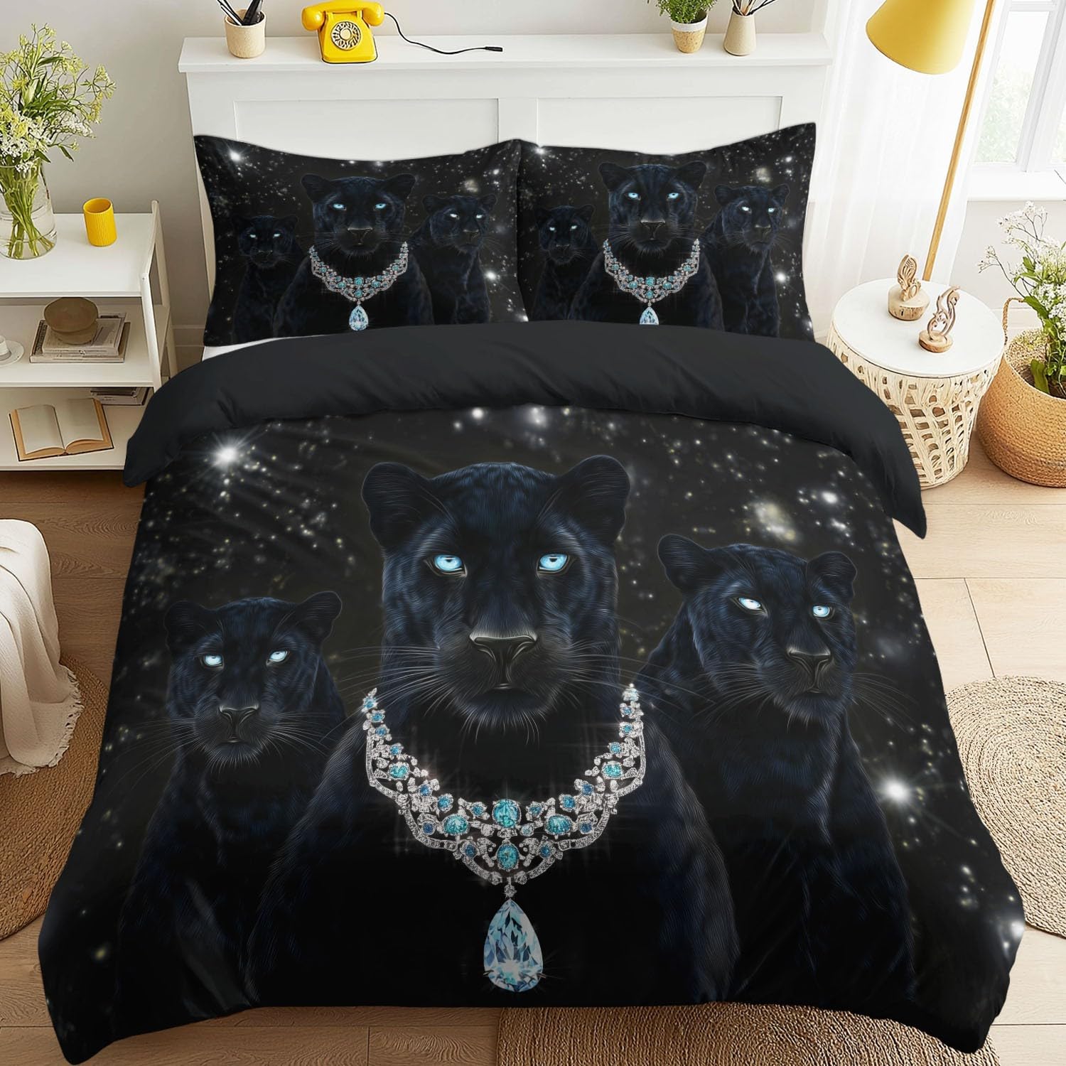 Parure de lit 140x200 panthère noire en microfibre avec taies
