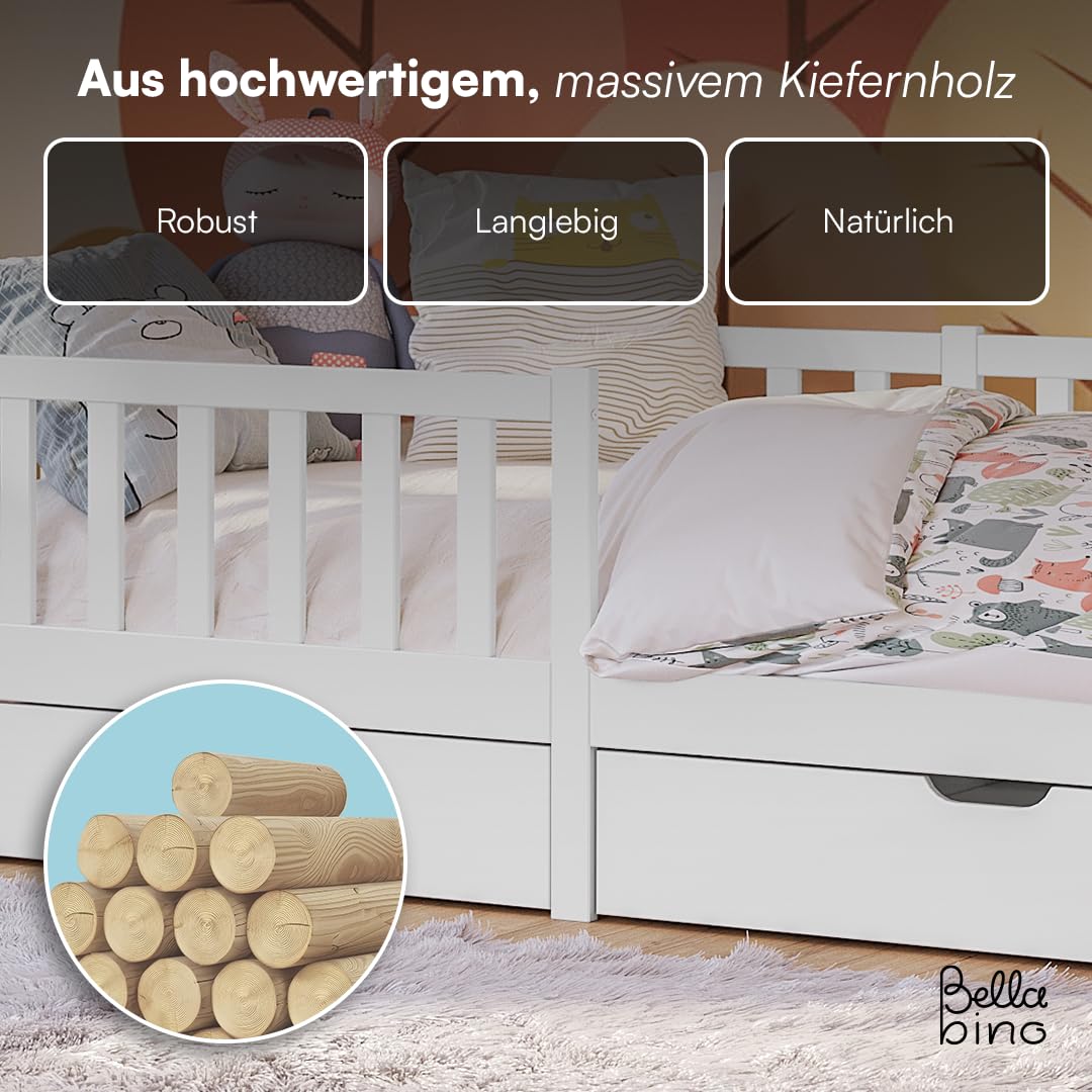 Bellabino Vere Kinderbett 90x200 cm – Montessori Bett mit Rausfallschutz, Lattenrost & 2 Schubladen– Massives Kinder Bett für Jungen & Mädchen aus Holz Kiefer – Kleinkindbett in Weiß mit Stauraum