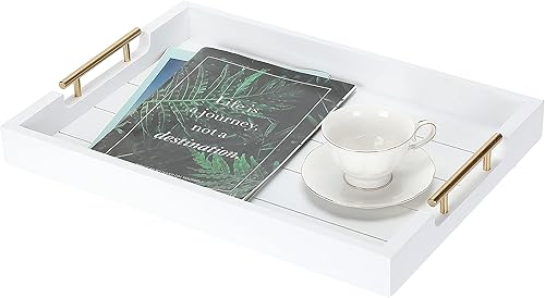 Bandeja blanca para servir con asas doradas, bandejas decorativas grandes de madera para otomana, mesa auxiliar, cocina o centro de mesa, decoración