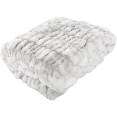 Oversized Ruched Faux Fur Blanket - 60x80-Inch Jacquard Faux Fur Queen-Size Throw for Sofas and Beds - Luxurious Bedding by Lavish Home (Gray)