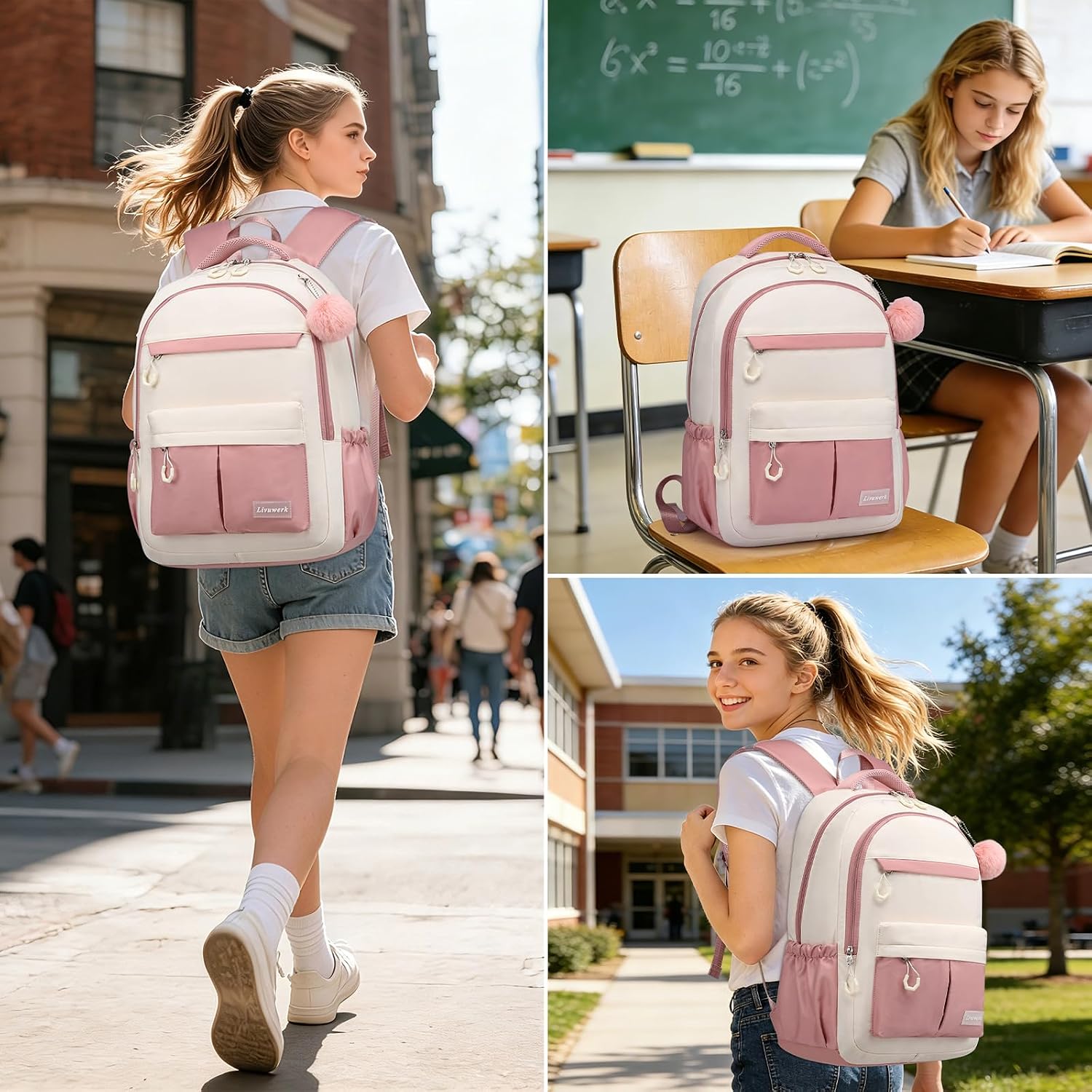 School Laptop Backpack for Teen Girls: 15.6 Inch Cute College Bookbag Waterproof Book Bags Anti-theft Travel Daypack Casual Back Pack Elementary Middle High School Bag for Kids Students Women Pink