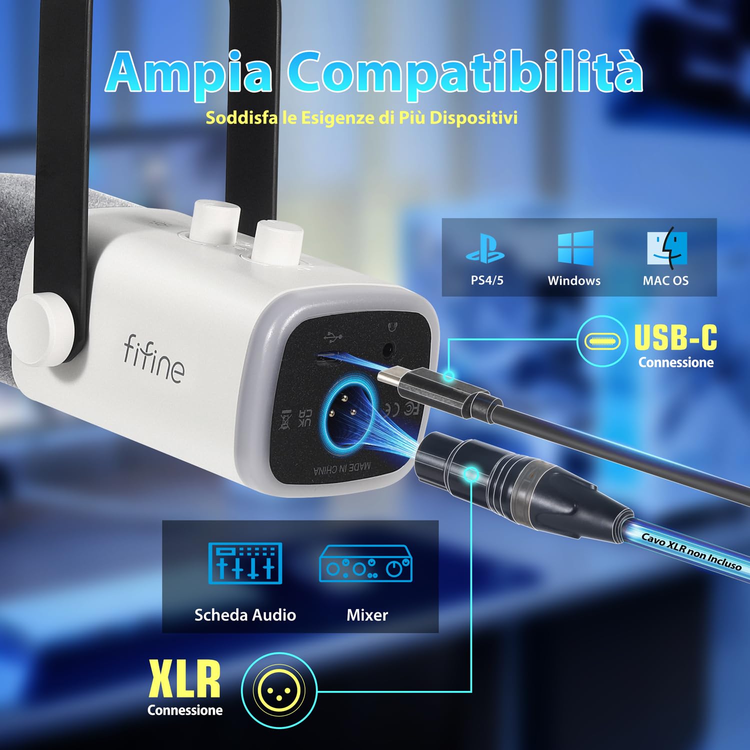 FIFINE XLR Streaming Microfono Kit Dinamico per Podcasting, Gaming USB per PC Mac PS4/5, Cardioide per registrazione vocale, giochi – Bianco