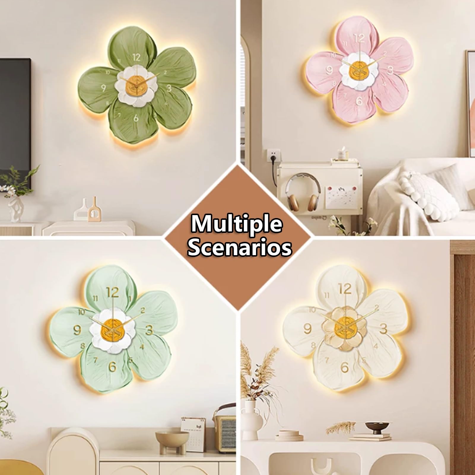 Orologio da parete floreale 3D con luce LED, design moderno floreale, movimento silenzioso senza ticchettio, decorazione luminosa per soggiorno o camera da letto, 45 cm