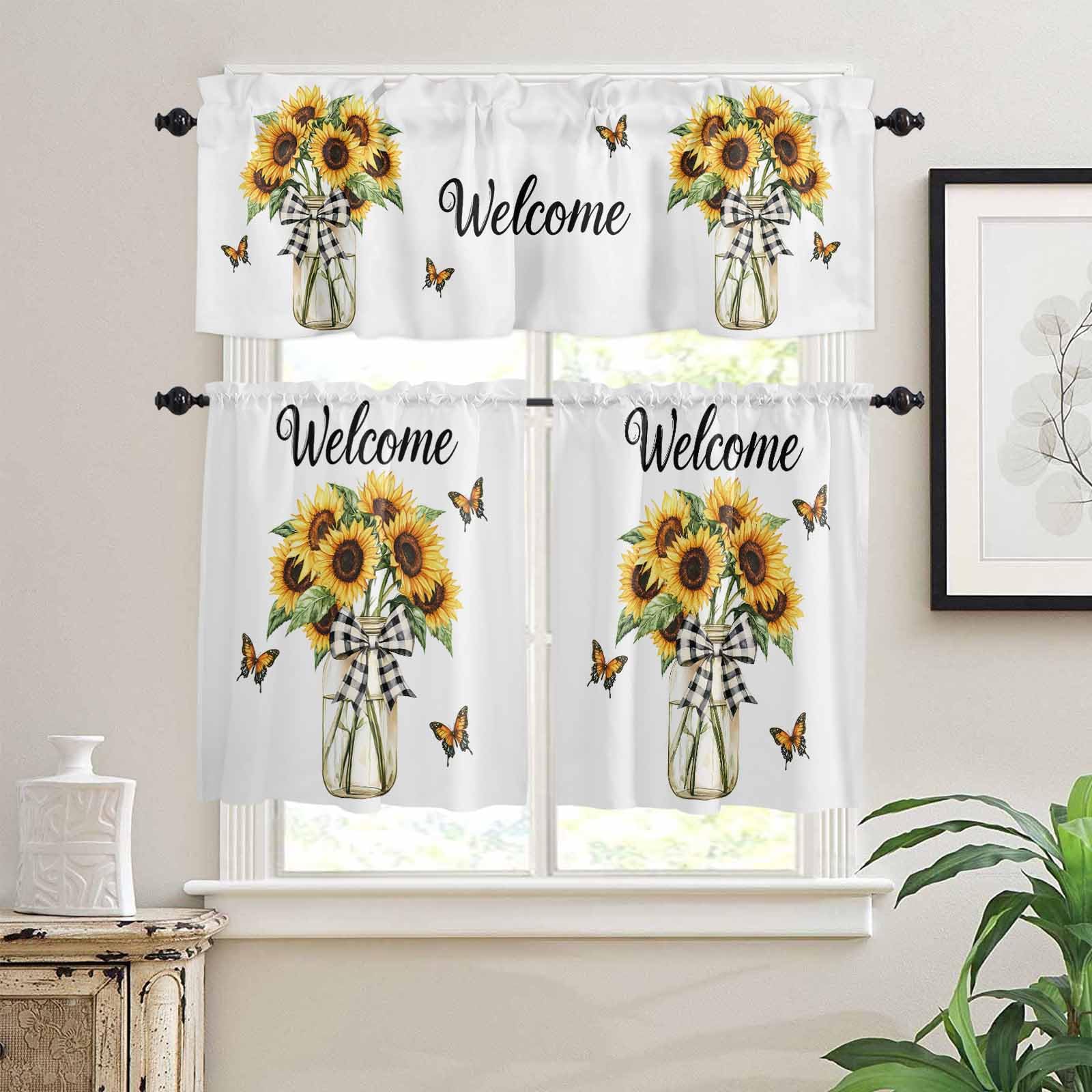 Spring Sunflower Kitchen Curtains 36 Inch Length, 3 Piece Rod Pocket Small Half Tiers and Valance Set, Bow Vase Yellow Butterfly Painting Small Large Window Treatment Decor for Bedroom/Bathroom Sink