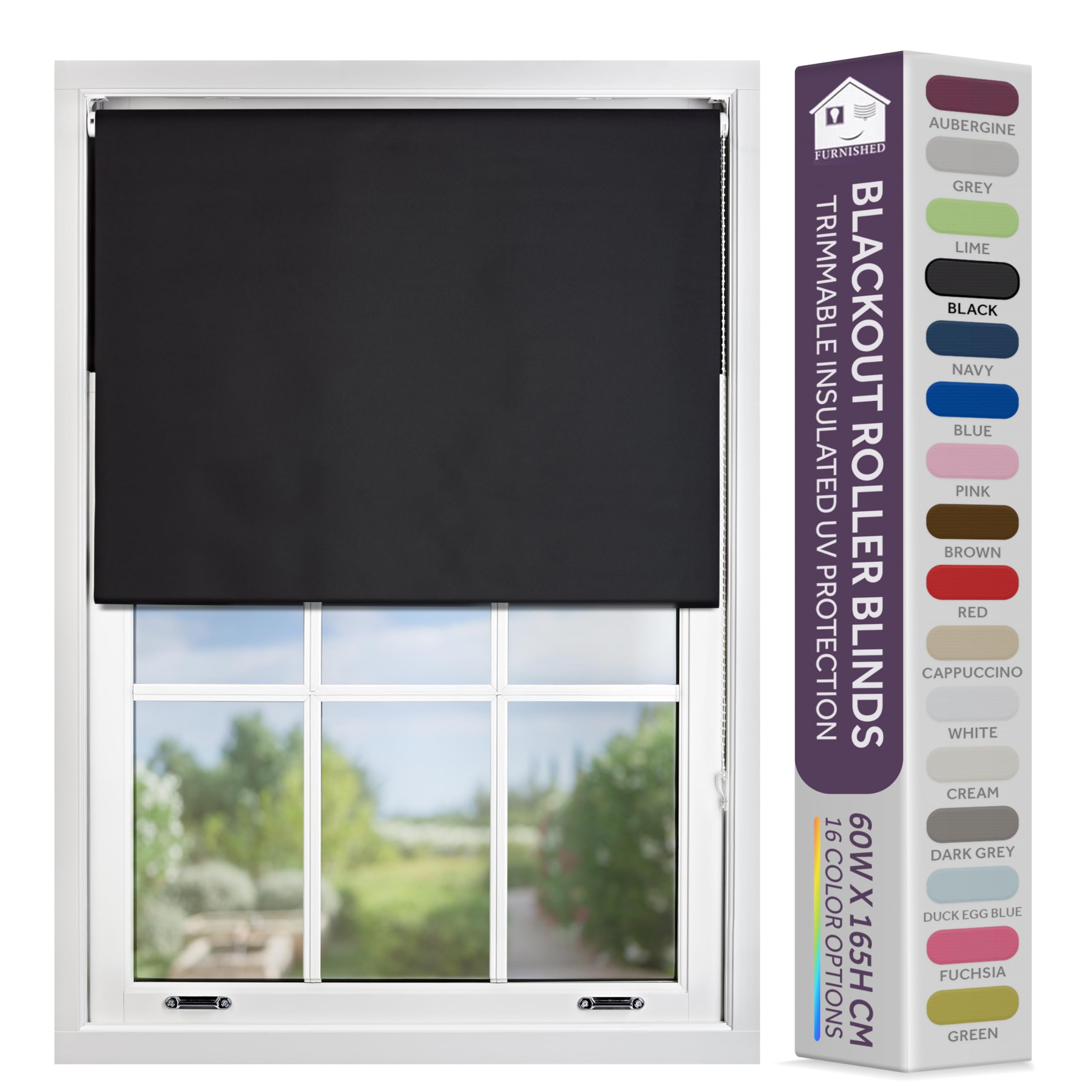FURNISHED Blackout Roller Blind with Metal Fittings Trimmable Insulated Thermal Fabric Heavy-duty Easy Install Brackets Window Roller Blinds - Black, 195W x 165H cm