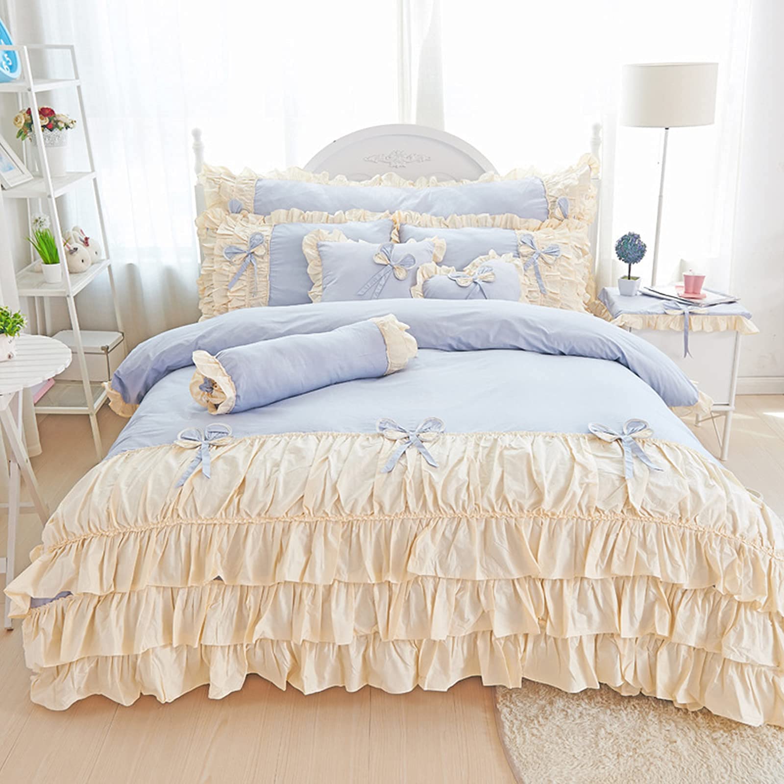 MOOWOO Copripiumino Queen/King Con Balza A Cascata – Stile Shabby Chic Bianco – Morbido Microfibra