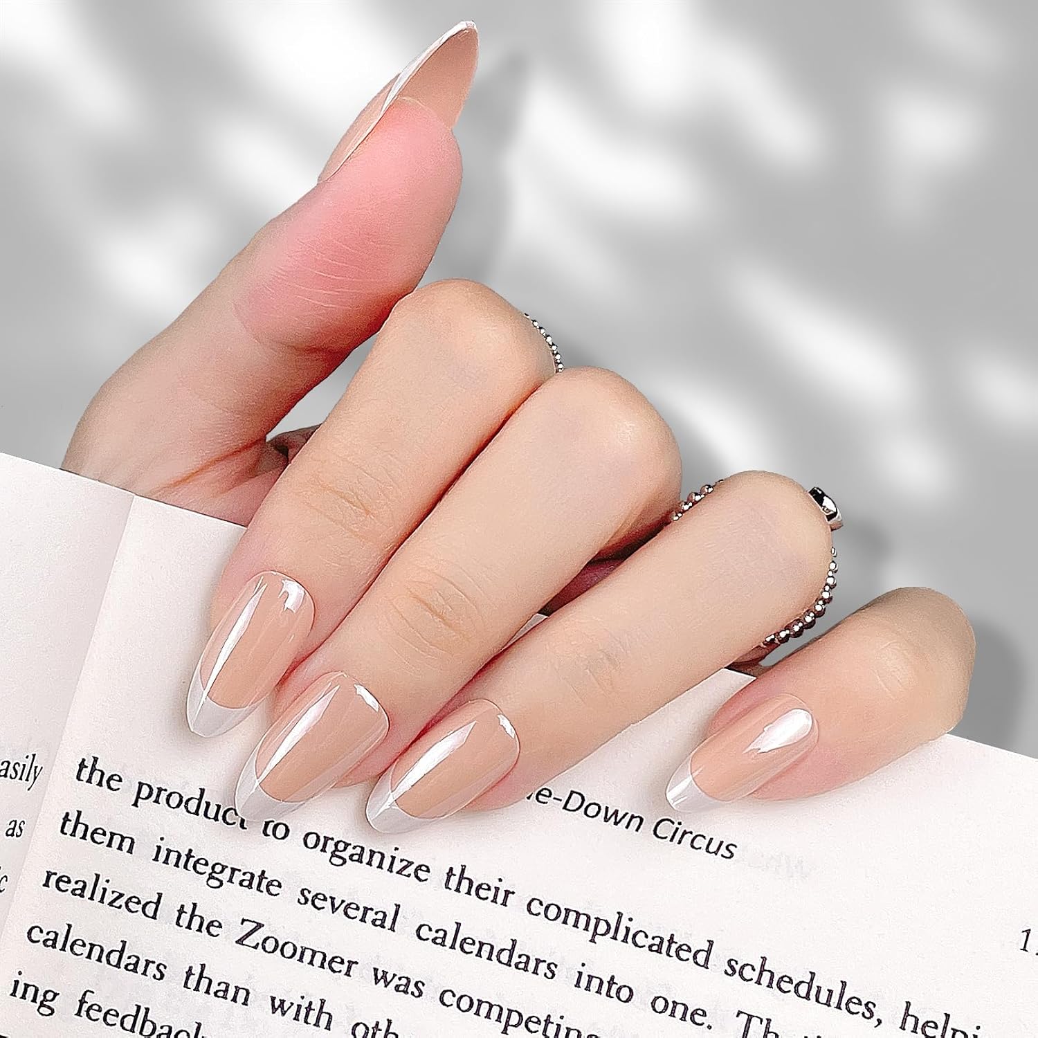 Chrome Press on Nails Almond Press on Nails French Tip Press on Nails Medium Fake Nail Chrome Press On Nails for Women 24Pcs Short Press Ons with Nail Adhesive Tabs