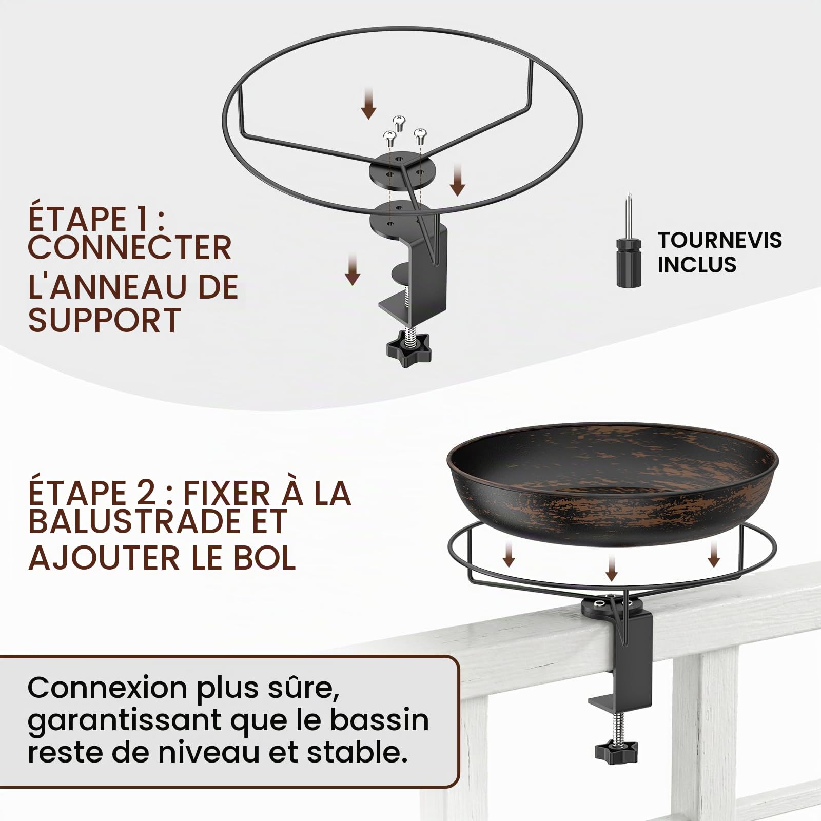 WELDUN Bain d'oiseaux suspendu pour balustrade de balcon, diamètre : 26 cm, en métal, grande capacité, antique, pour oiseaux sauvages, résistant à l'hiver, bronze vintage