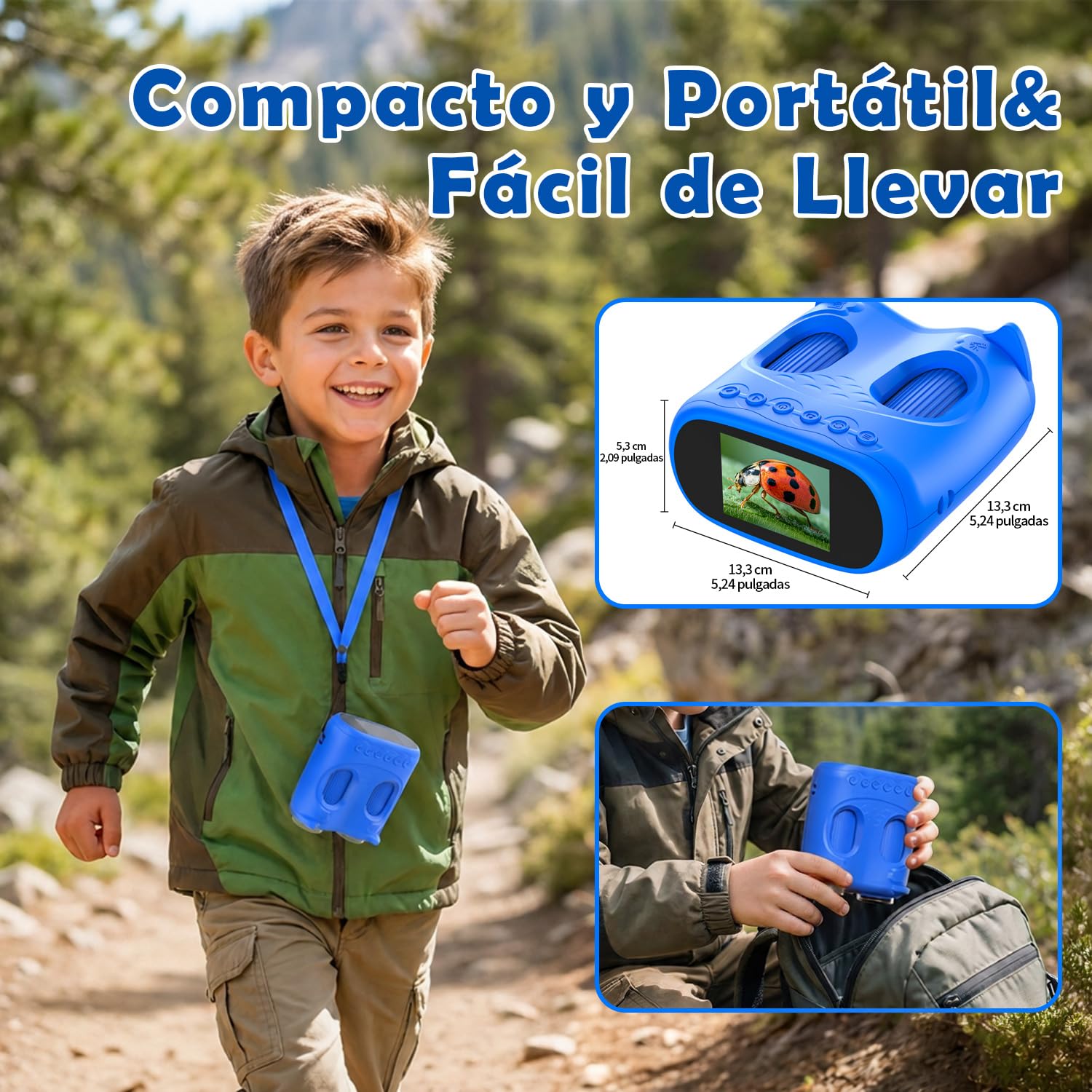 Microscopio para Niños 2 en 1 con Prismáticos, Pantalla IPS HD de 2,0", Aumento 1000x, 8 Luces LED, Resolución 1080P, Juguete de Naturaleza para Niños y Niñas +3 Años, Azul Claro