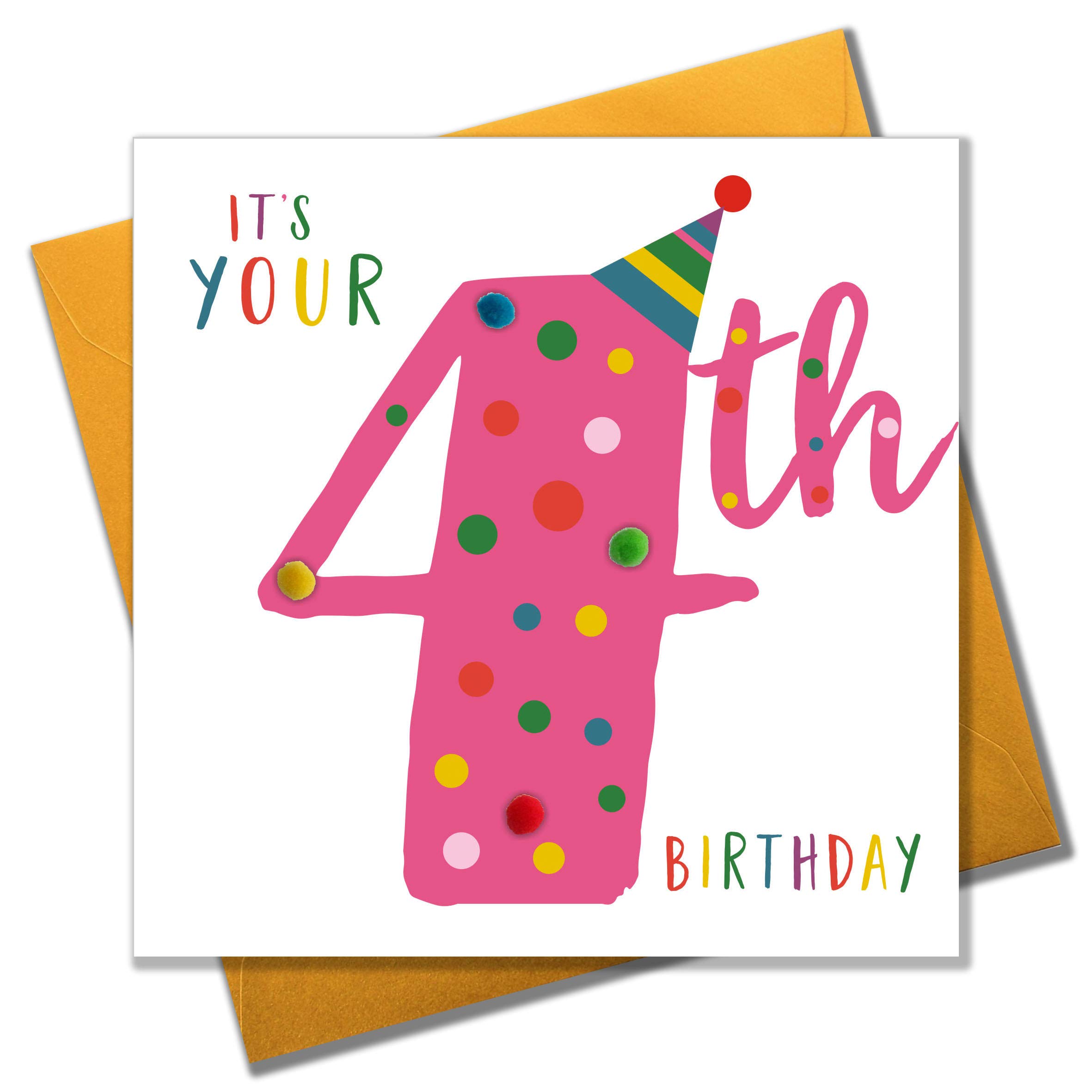 Claire Giles POM104P Age 4 Greeting Card Embellished with Pompoms - Pink