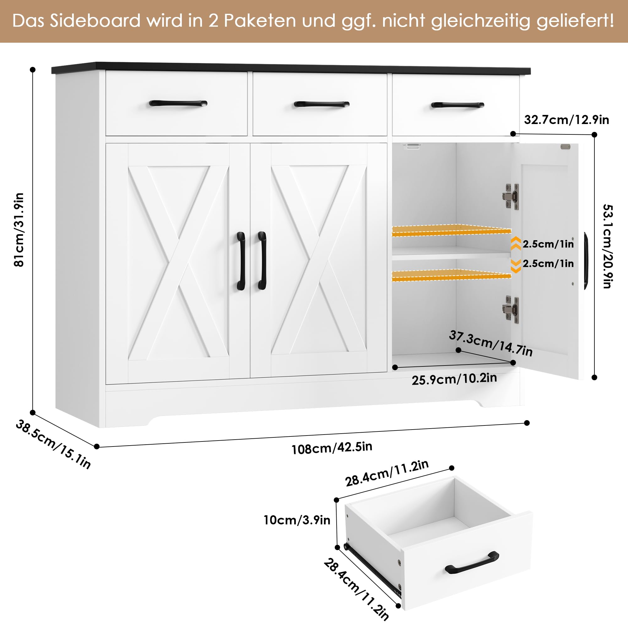 HOCSOK Credenza, Mobile Cucina con 3 Cassetti e 3 Armadi，Buffet Mobile Moderno, Credenza Soggiorno, Mobile per Cucina Ingresso Foyer, Sala da Pranzo, Bianco+Nero