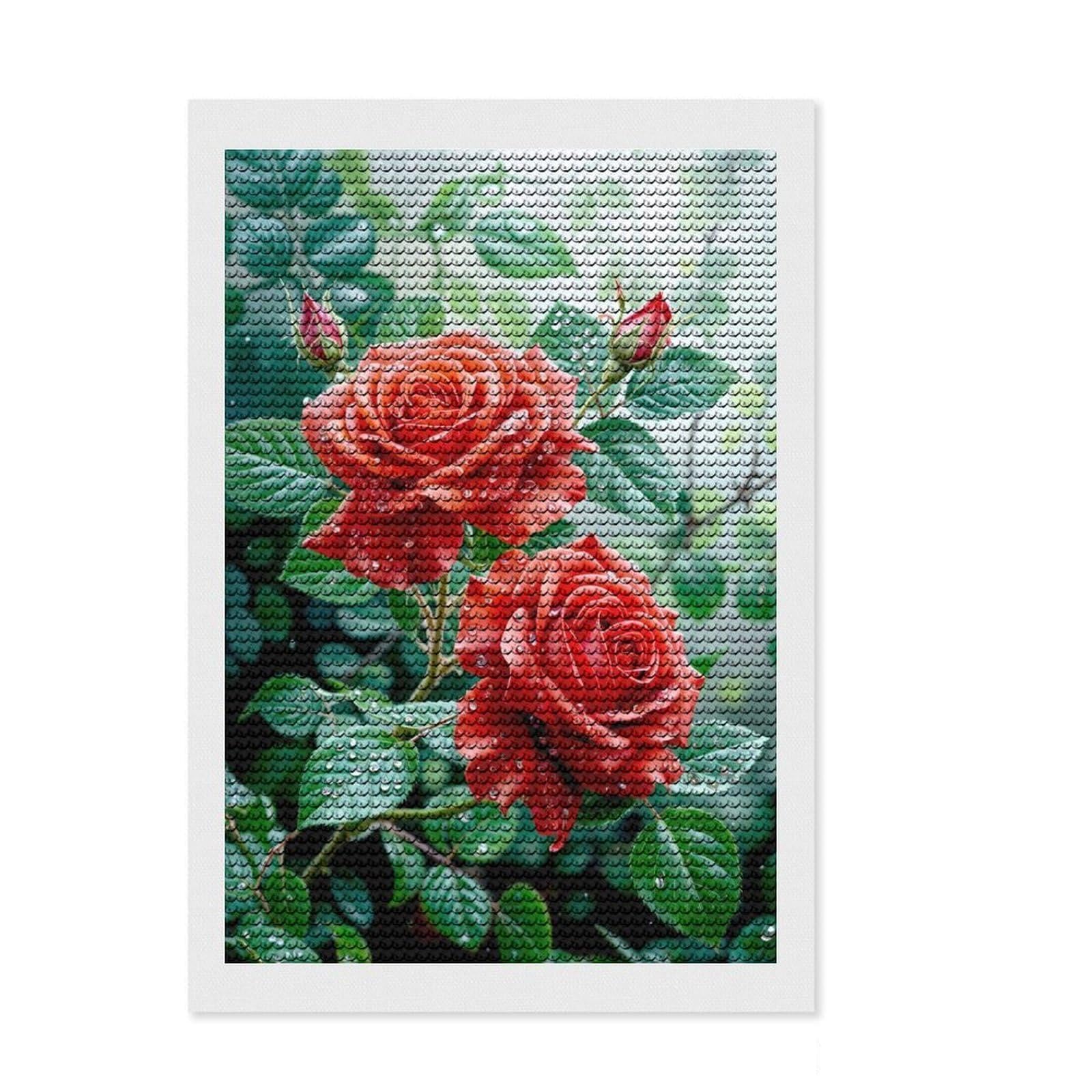 Junmoney Red Rose Flower Round Drill Diamond Painting 8"x12", Sparkling Round Gems, Creative Leisure Activity, Home Wall Decor