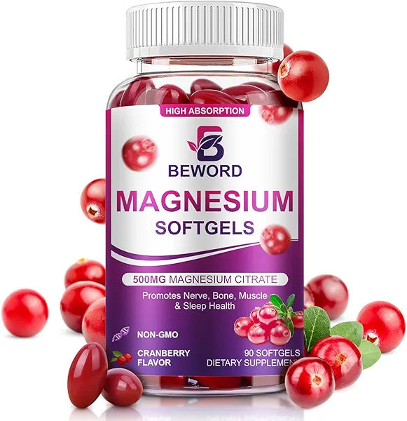 BEWORD Magnesium Citrate Softgels 500mg, 90 Capsules - with Calcium, Vitamin D3+K2, B6 & Cranberry Extract | Zzz Support, Calm Support Balance, Muscle & Bone Health | Non-GMO Vegan Softgel(1 Pack)