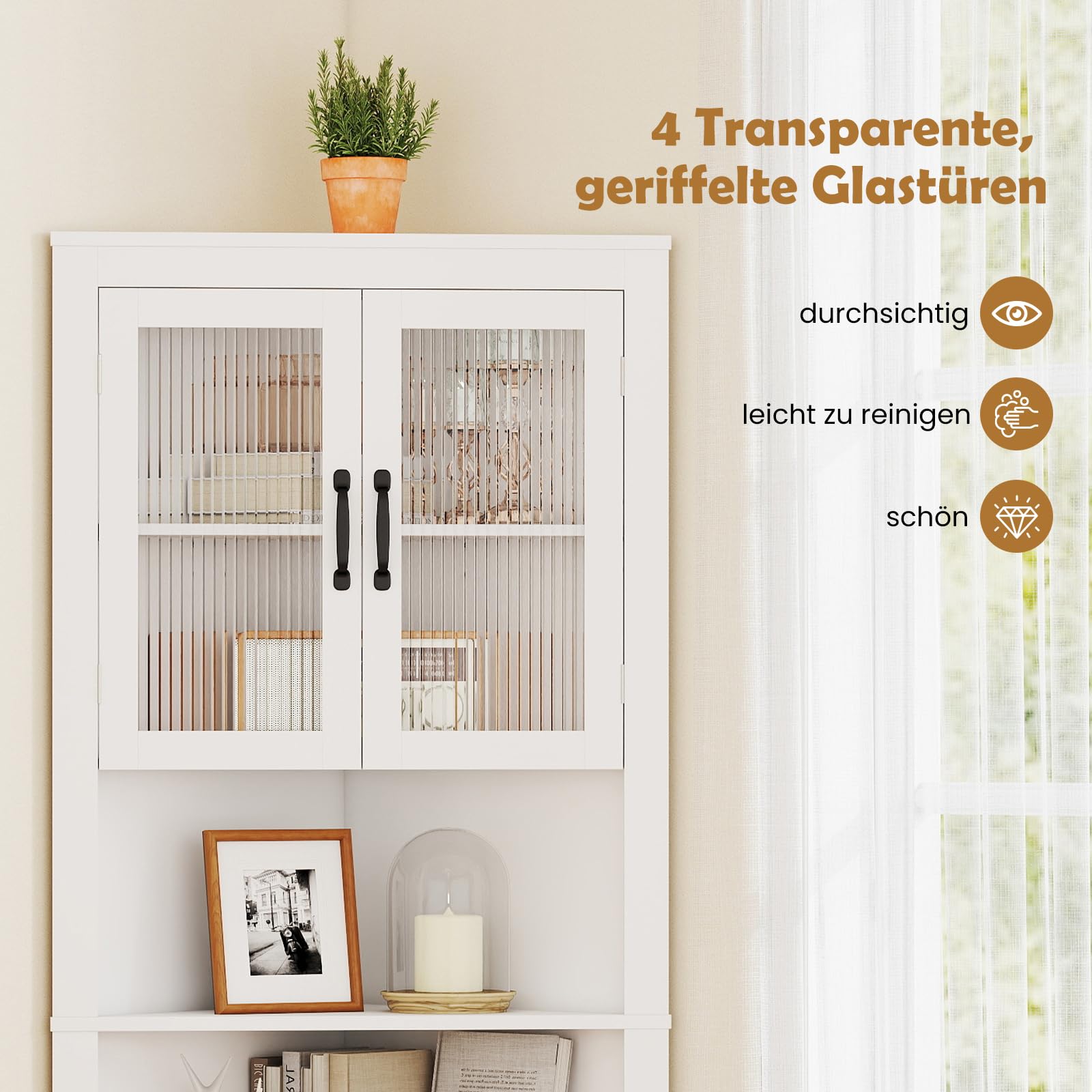 GOPLUS 6-stufiger Eckschrank, 171 cm hohe Badezimmerschrank schmal mit 4 Türen, dreieckiger Hochschrank mit verstellbaren Regale, Mehrzweckschrank, Eckvitrine für Badezimmer, Wohnzimmer, Flur & Küche