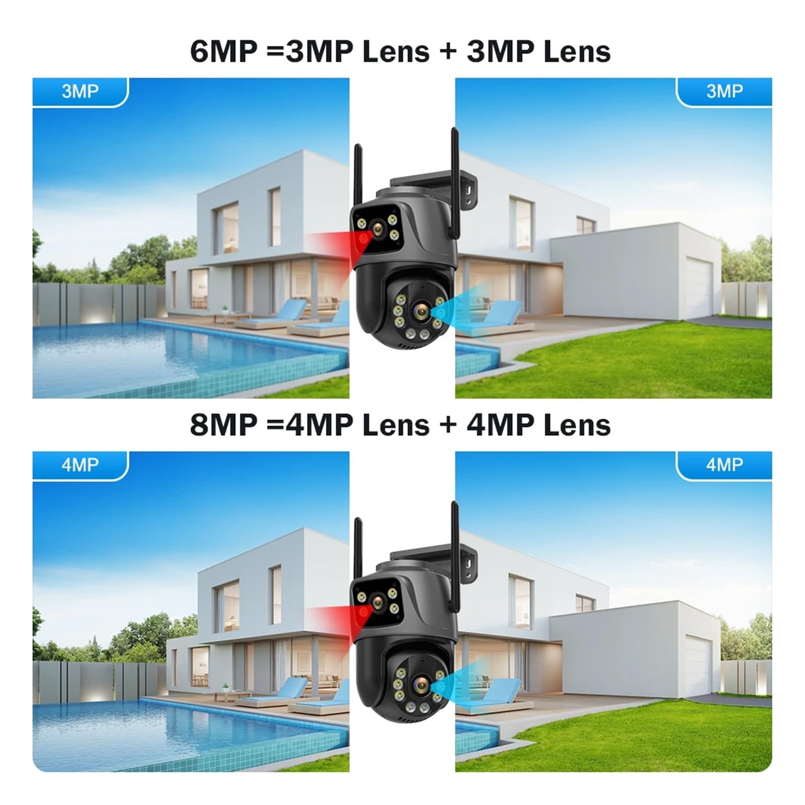 Telecamera Wifi Esterno, Telecamera Wi-Fi a 360° con doppio obiettivo IP66 Protezione di sicurezza 8MP 4K Wireless Outdoor Rilevamento umano Videosorveglianza PTZ ,Sicurezza, Antifurto(4K 8MP NO Card)