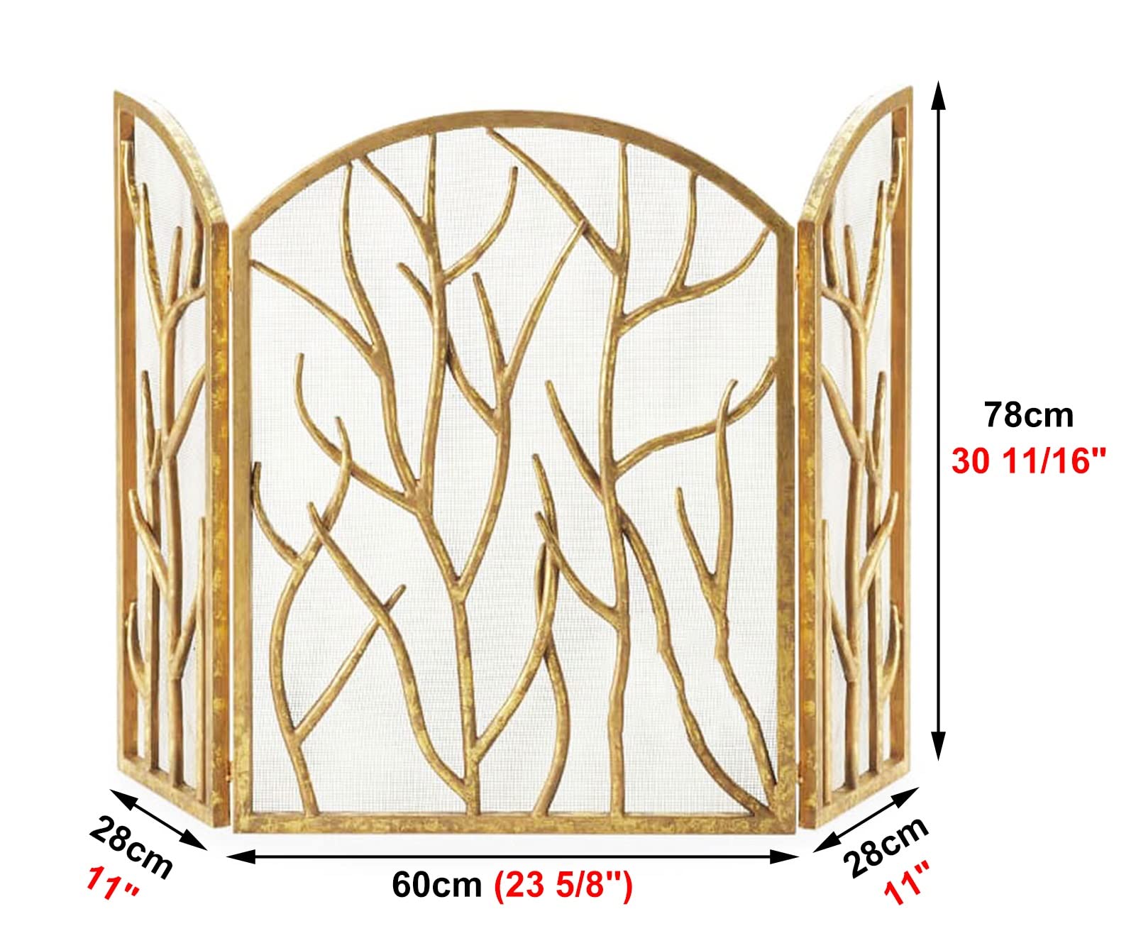 Pantalla de chimenea de oro, protector contra incendios de 3 paneles con arrestor de chispa de malla para estufa de madera y quemador de troncos, protector plegable de la chimenea de hierro, fácil con