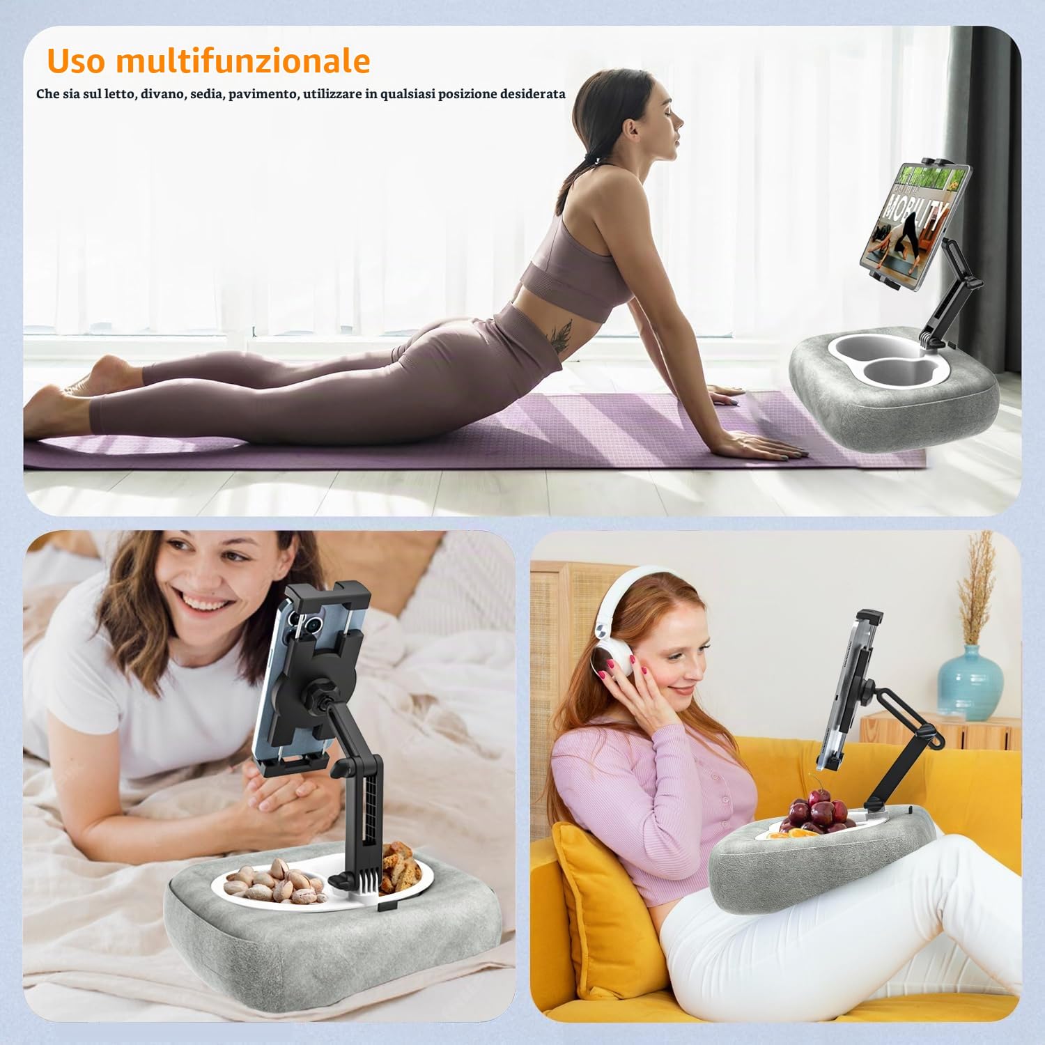 Supporto Tablet Cuscino [Tessuto Morbido e Confortevole] Regolabile Supporto Tablet da Letto, Scrivania, Grembo, per iPad, Galaxy Tab, Kindle, Fire, Tablet & Telefono de 4-13", Grigio