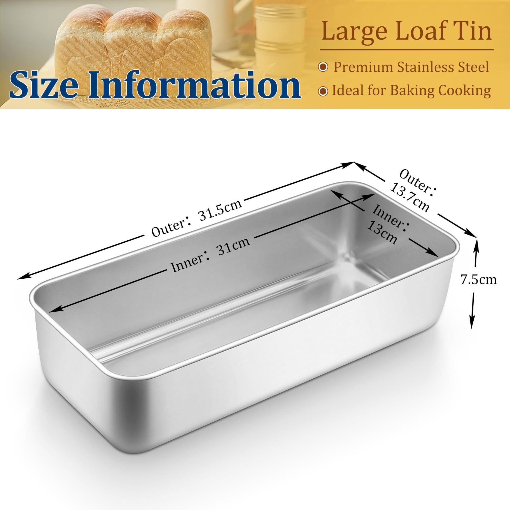 Onader 3lb Loaf Tin, Stainless Steel Large Bread Loaf Pan for Baking Banana Bread Meat Loaf, Lasagna and Cake - Image 2