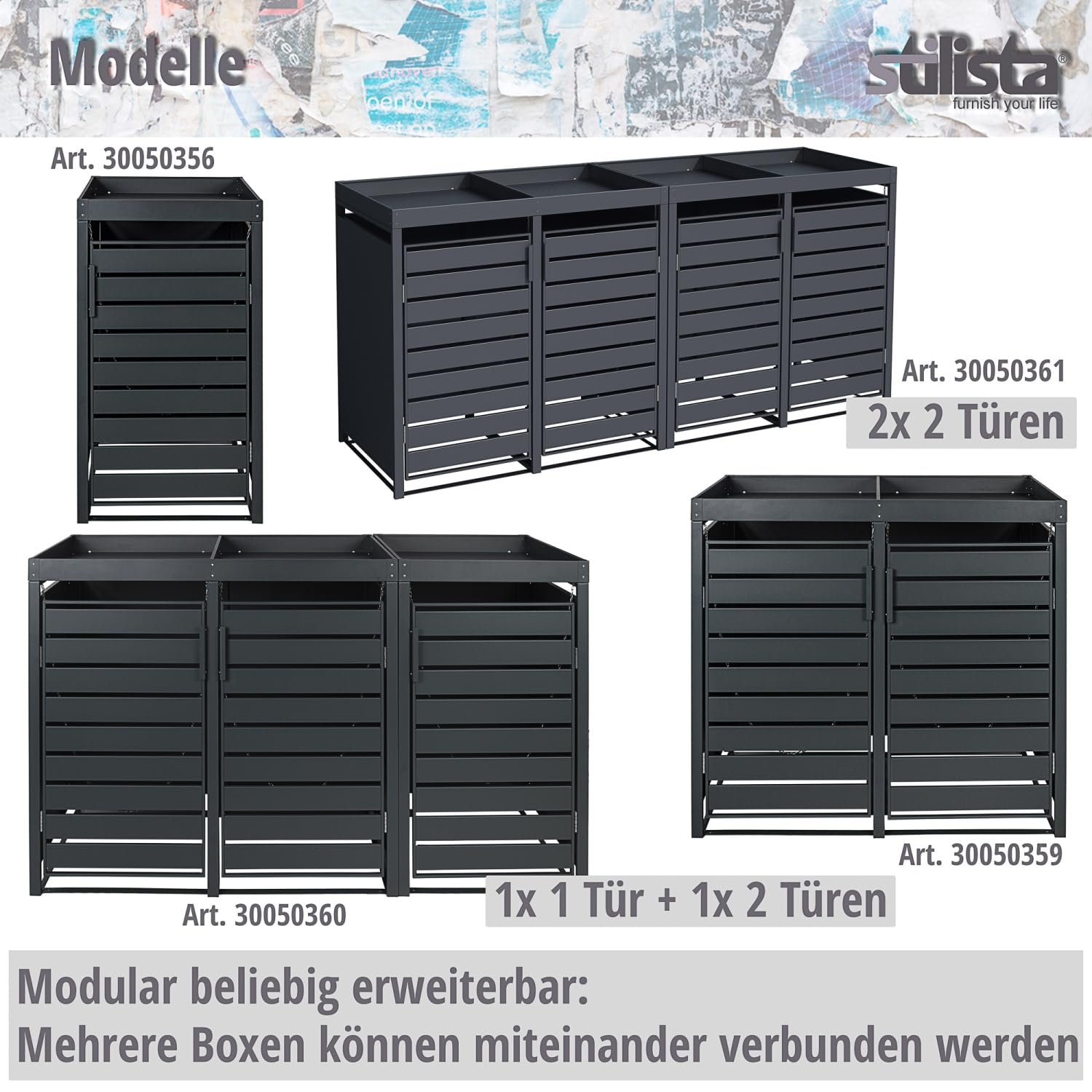 STILISTA Mülltonnenverkleidung aus Metall mit Pflanzdach, je 240 Liter, Anthrazit, 2-türig