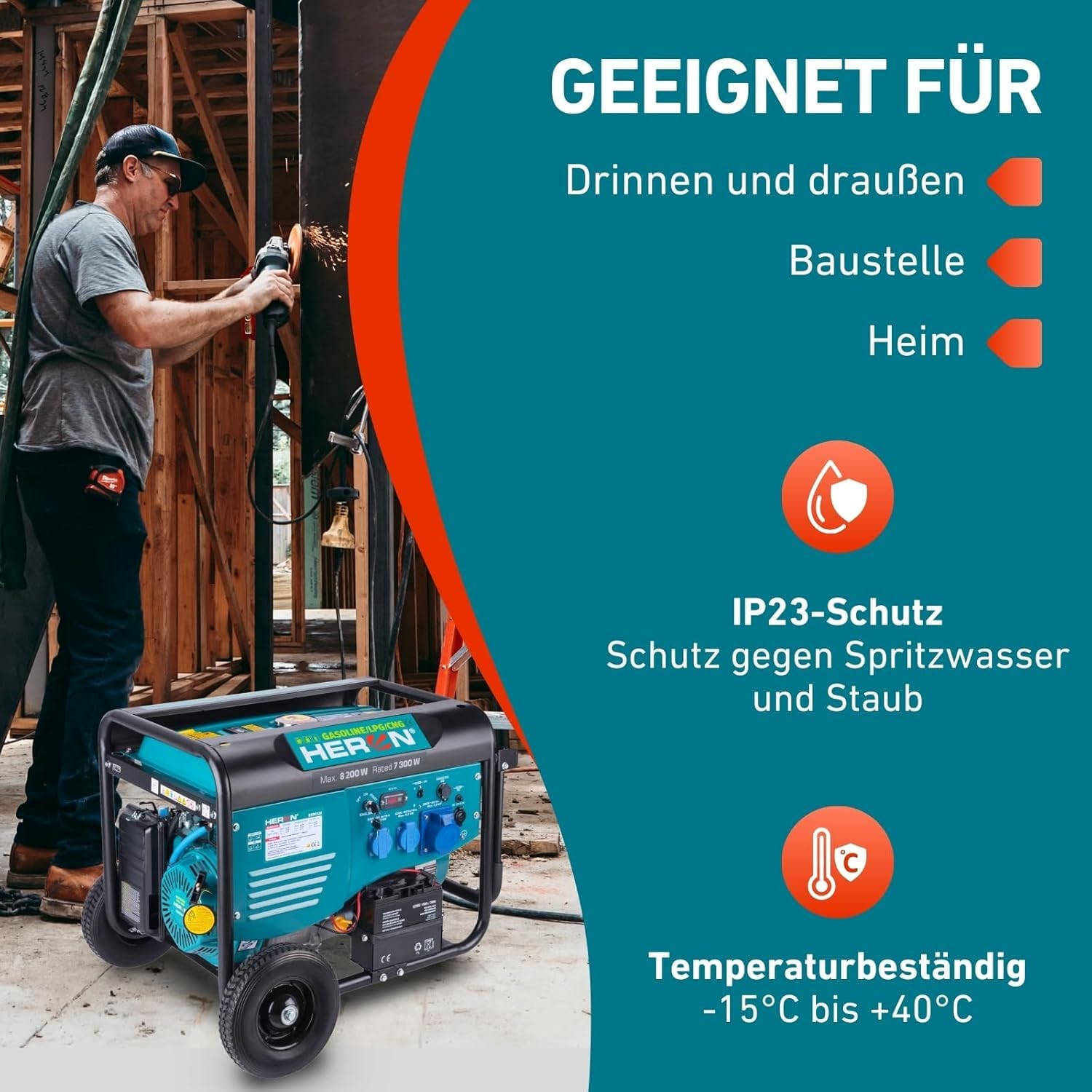Heron Hybrid Benzin- & Gasgenerator (LPG/NG) und Notstromaggregat, 8,2 kW, mit 25L Tank, Elektrostarter, zwei 16A 230V & einer 32A 230V-Steckdose, mit AVR & ATS-Umschaltbox