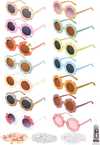 Dunzy 14 lentes de sol redondos de flores con 200 cuentas de letras al azar, 50 dijes de margaritas con pegamento para nombre de bricolaje