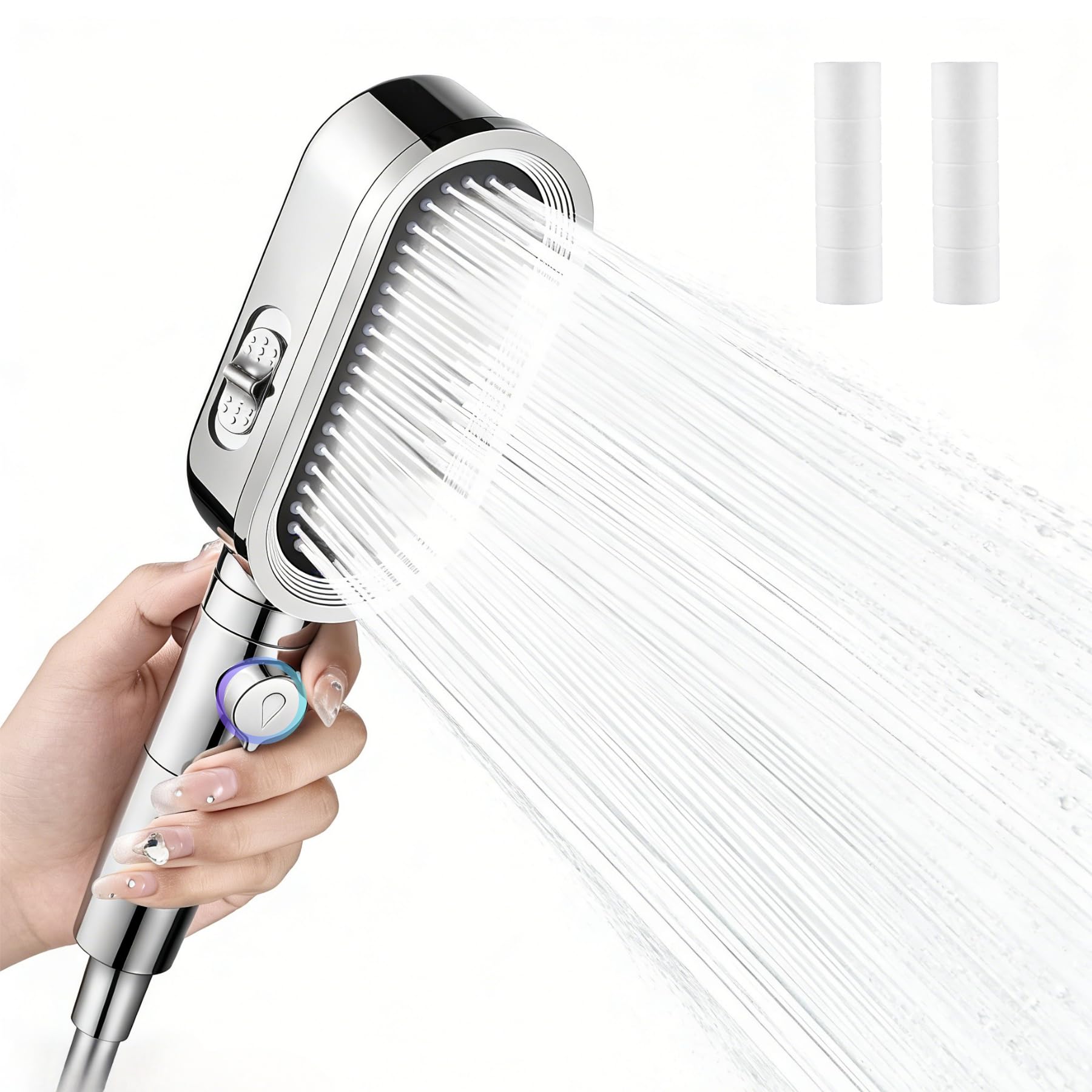 Hard Water Filter Shower Head, 3 Modes High Pressure Shower Heads with On/Off Switch & Pressure Adjustment Knob, Chrome Finished Powerful Handheld Shower Head with 3 Filters for Home and Bathroom