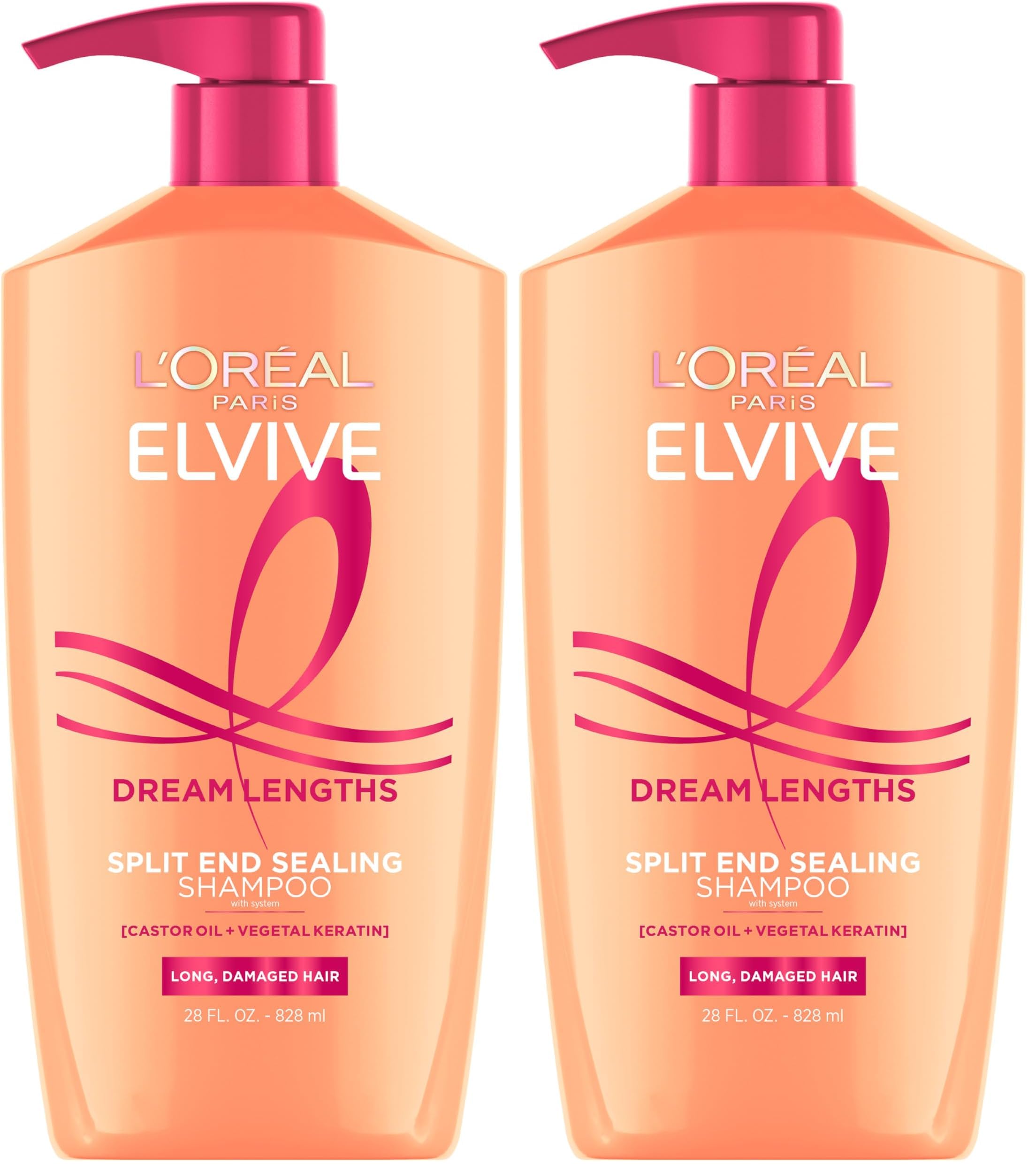 L'Oreal ParisElvive Dream Lengths Restoring Shampoo With Fine Castor Oil and Vitamins B3 and B5 for Long, Damaged Hair, Visibly Repairs Damage Without Weighdown With System, 28 Fl Ounce (Pack of 2)