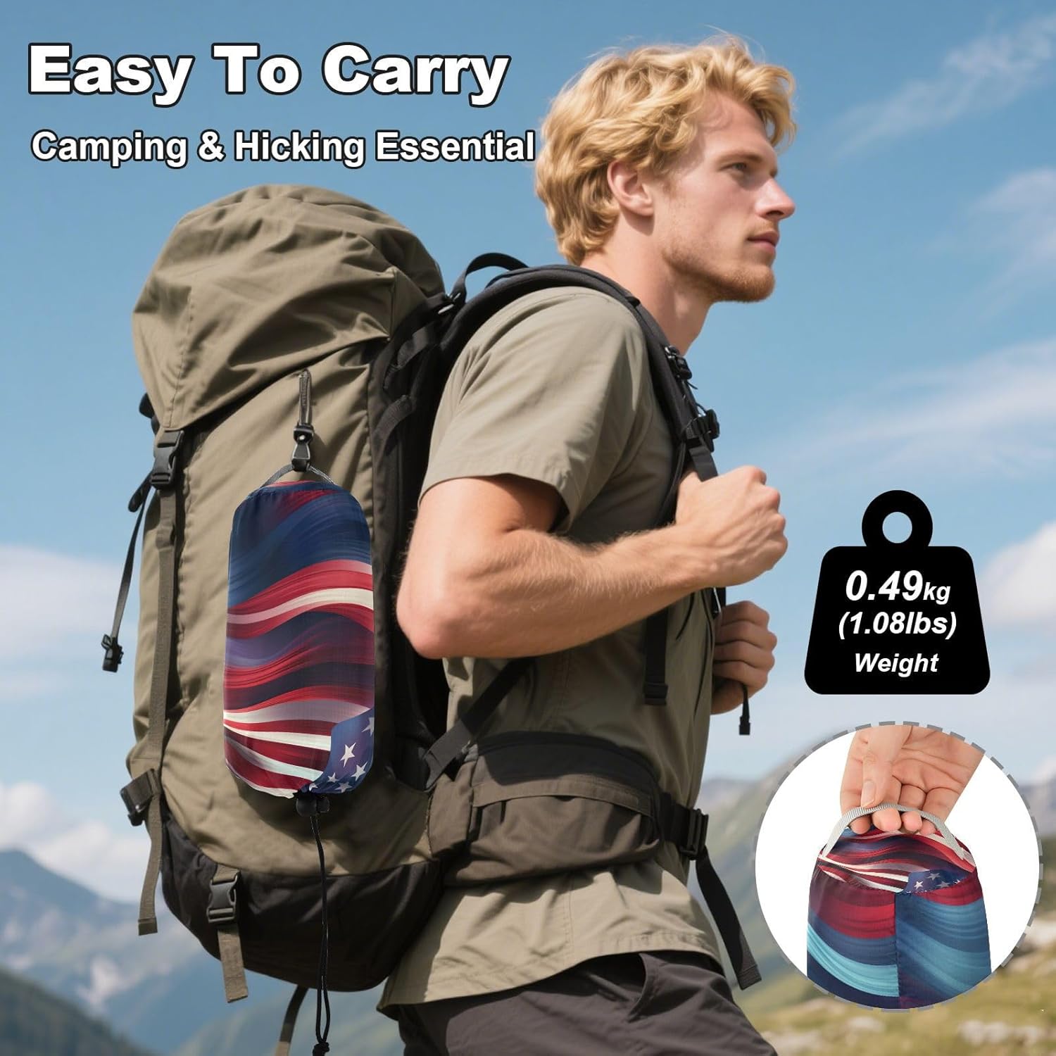 Camping Hammock Lightweight - 350lbs Portable Hammock with 2 Tree Straps and Attached Carry Bag,Great for Travel/Backpacking/Beach/Backyard - Single or Double - American Flag 1