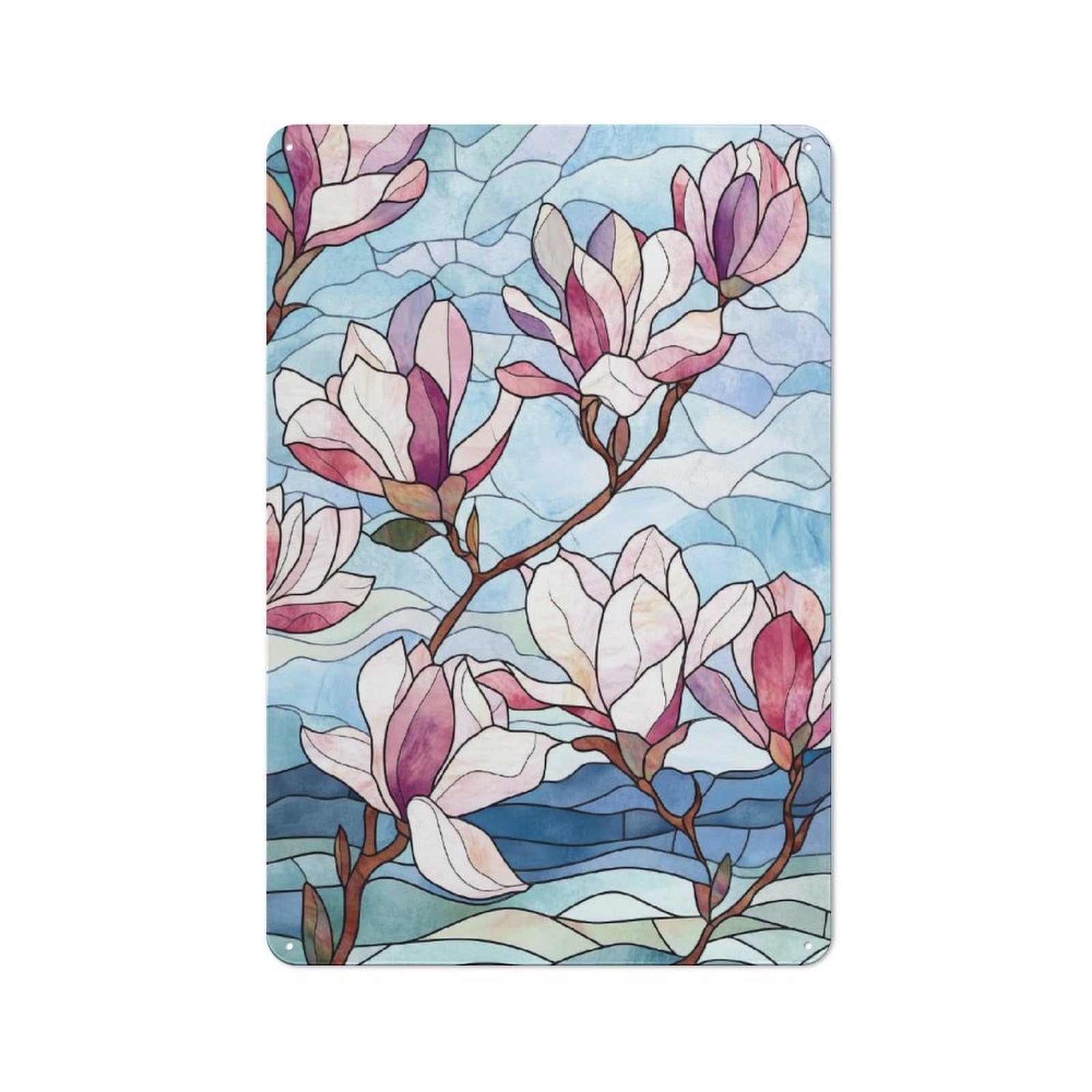 Junmoney Stained Glass Magnolia Flowers Vintage Metal Sign 30X20cm For Hobby Room Or Studio, Housewarming Present For People Styling Hobby Room And Studio