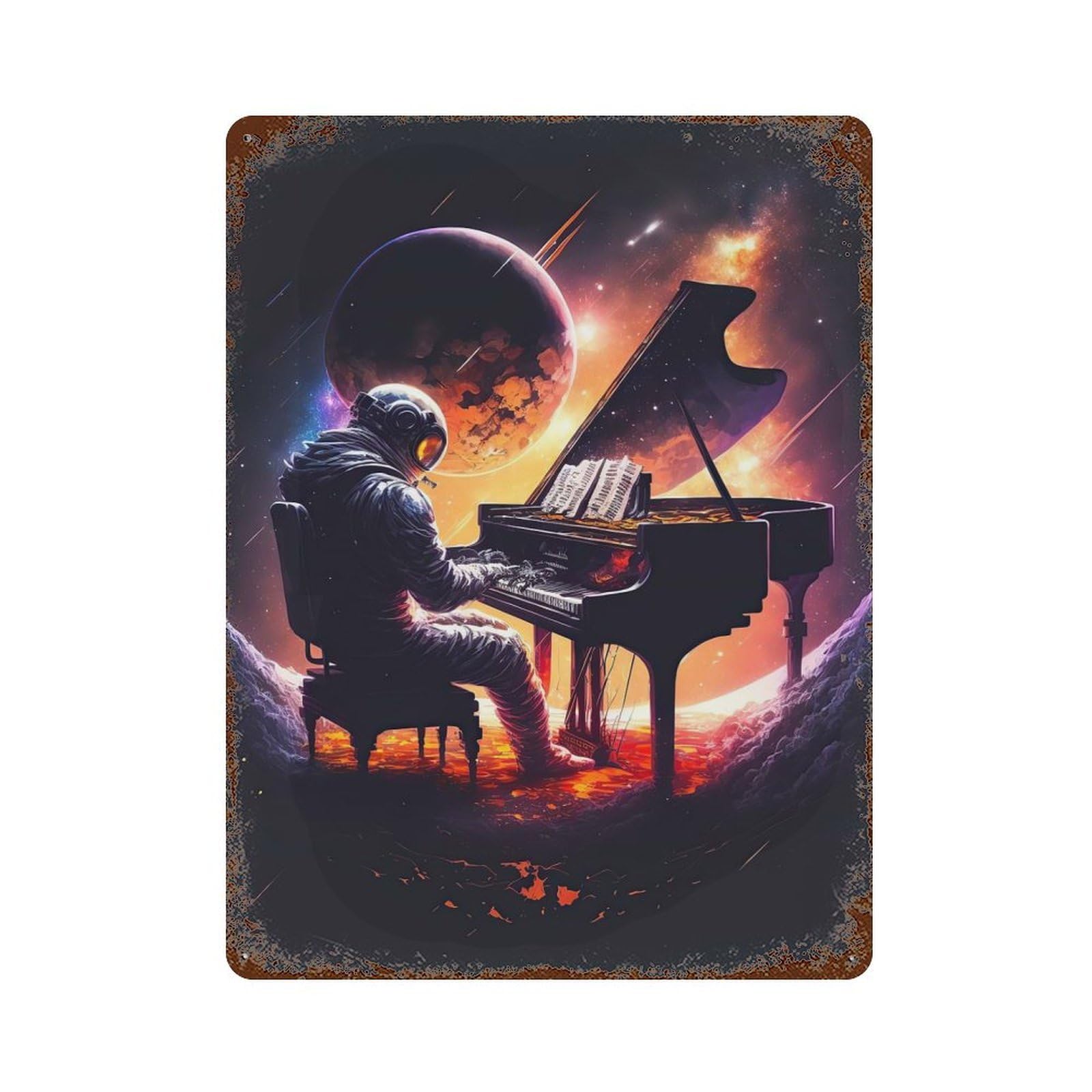 Piano in Space 15.7"x11.8" Rust Effect Tin Sign, Industrial Home Decor for Living Room, Hallway And Home Decor
