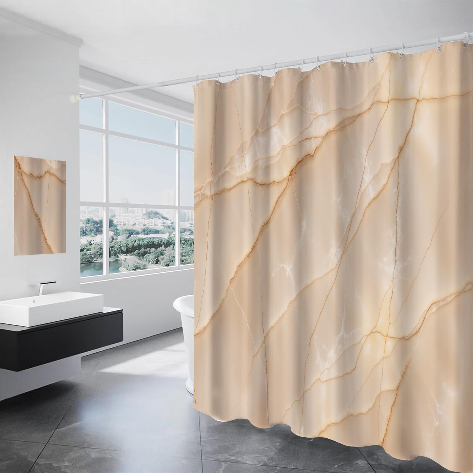 Rideau De Douche Texture De Marbre Art Naturel Tissu Imperméable Lavable avec Crochets Anti Moisissure en Polyester Rideau Douche pour Salle De Bain