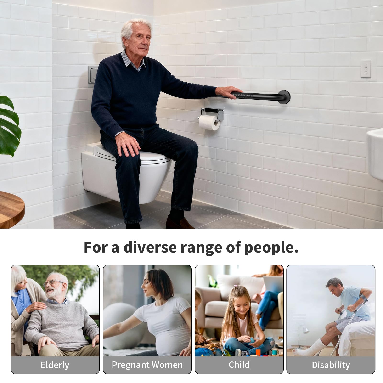 ZUEXT - Confezione da 2 barre di sicurezza per bagno, 50,8 cm, nero opaco, con impugnatura zigrinata, corrimano di sicurezza antiscivolo in acciaio inox per WC, doccia, vasca da bagno, barra di