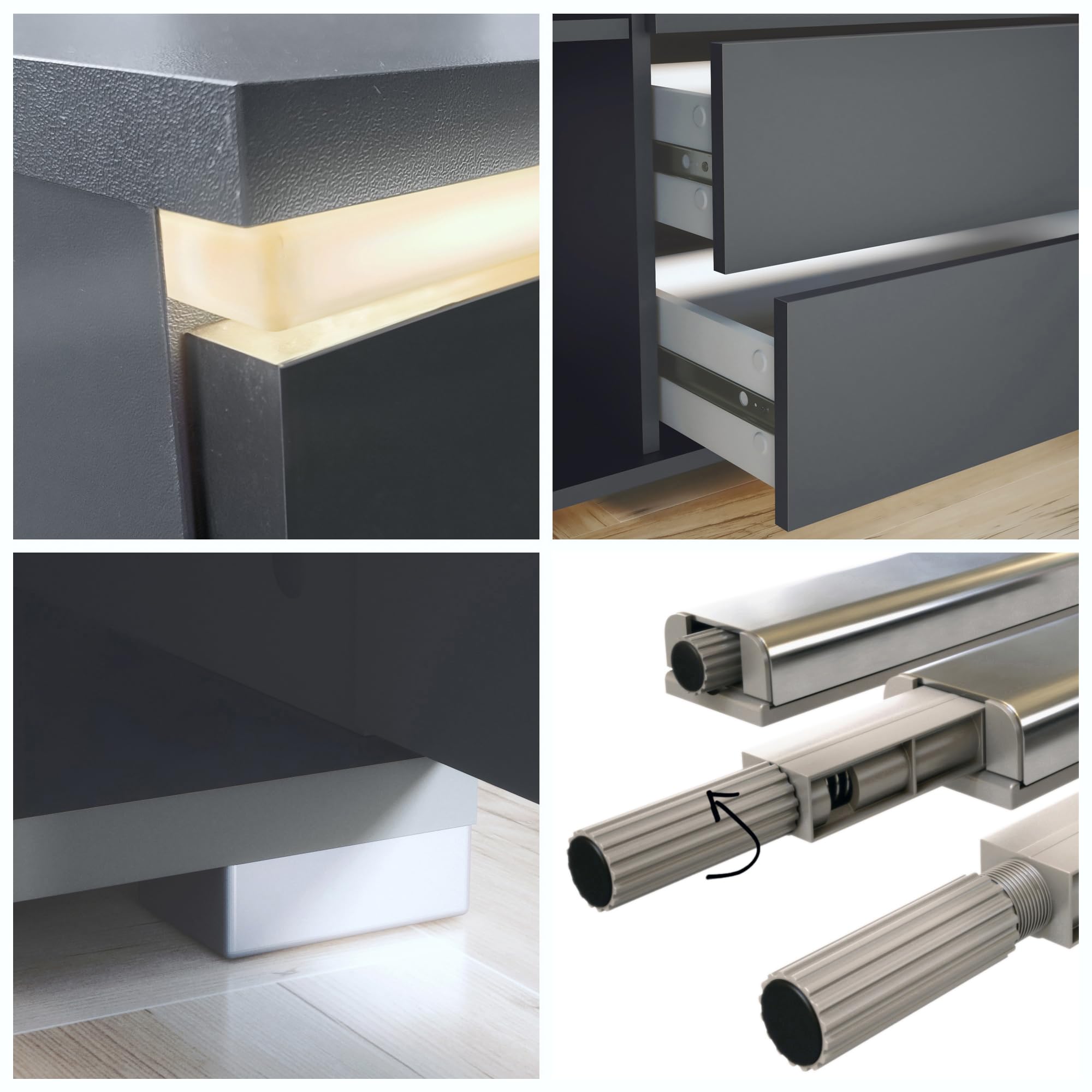 Sideboard Faro V2 - Kommode mit 2 Türen & 4 Schubladen, Schrank mit LED Lichtleiste, Anthrazit matt/Eiche Natur (166,5 x 75,5 x 35)
