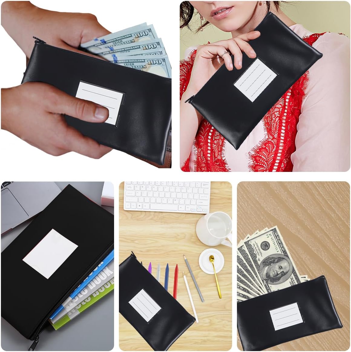20 Pack Money Bank Bag With Zipper, 11 x 6 Inch Leatherette Security Bank Deposit Bags Black Money Pouch Cash Bag Wallet Bags with Clear Window for Cash, Coins, Bills, Tools, Receipt Organizer