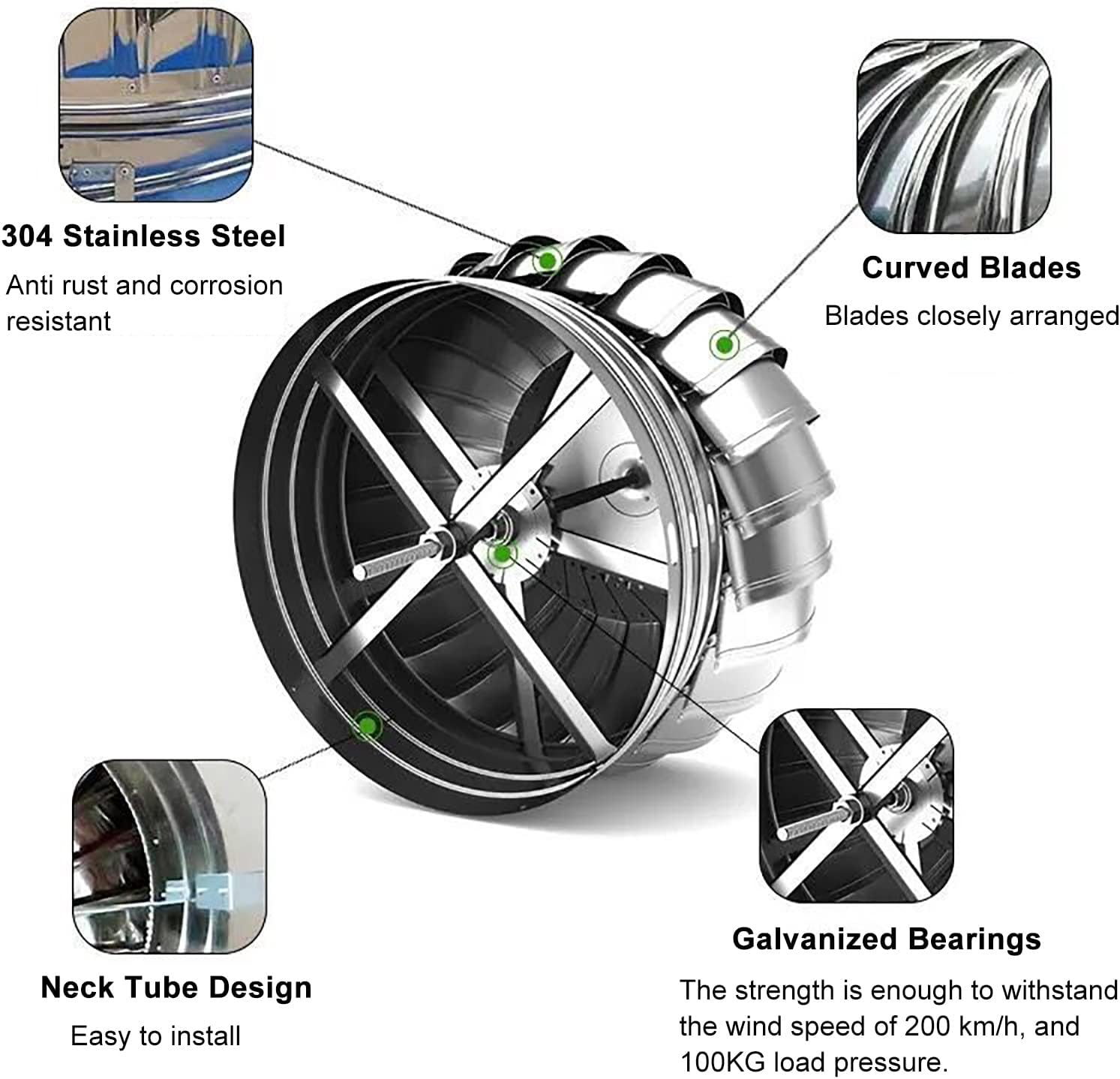 Stainless Steel Non Power Roof Turbine Ventilator, 4/6/8/10/12/16 Inch Rainproof Chimney Exhaust Vent Cap Round, Attic/Farm/Factory/Chicken Coop/Kitchen Roof Vents