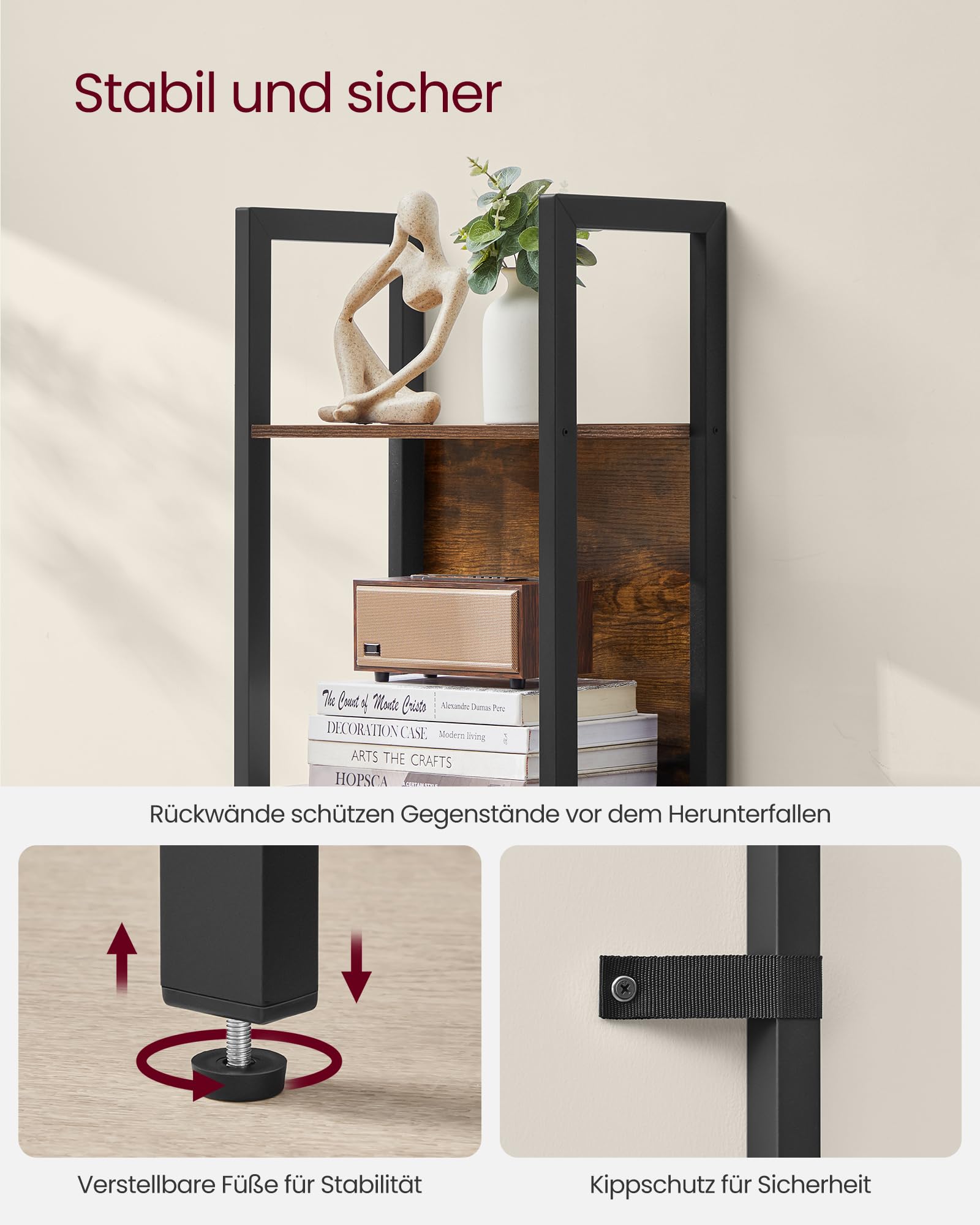 FurnitureR Ladderrek, 4 smalle planken, boekenkast voor thuiskantoor, woonkamer, slaapkamer, keuken, houten boekenplank met laden, industrieel, rustiek bruin en zwart
